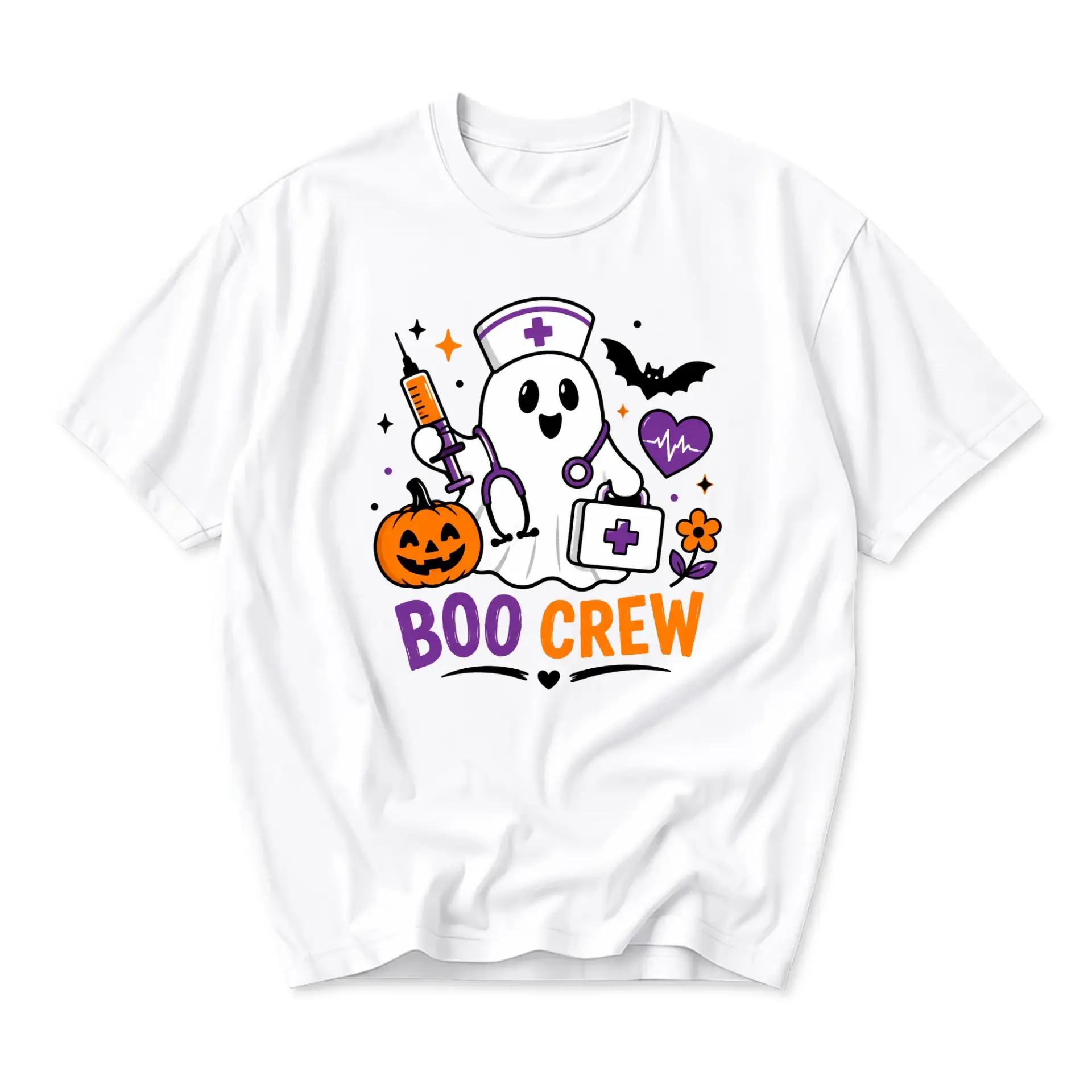 Funny Shirt Boo Crew Halloween Ghost Nurse Graphic Tee Casual Short Sleeve Unisex Cotton Blend Crew Neck Apparel