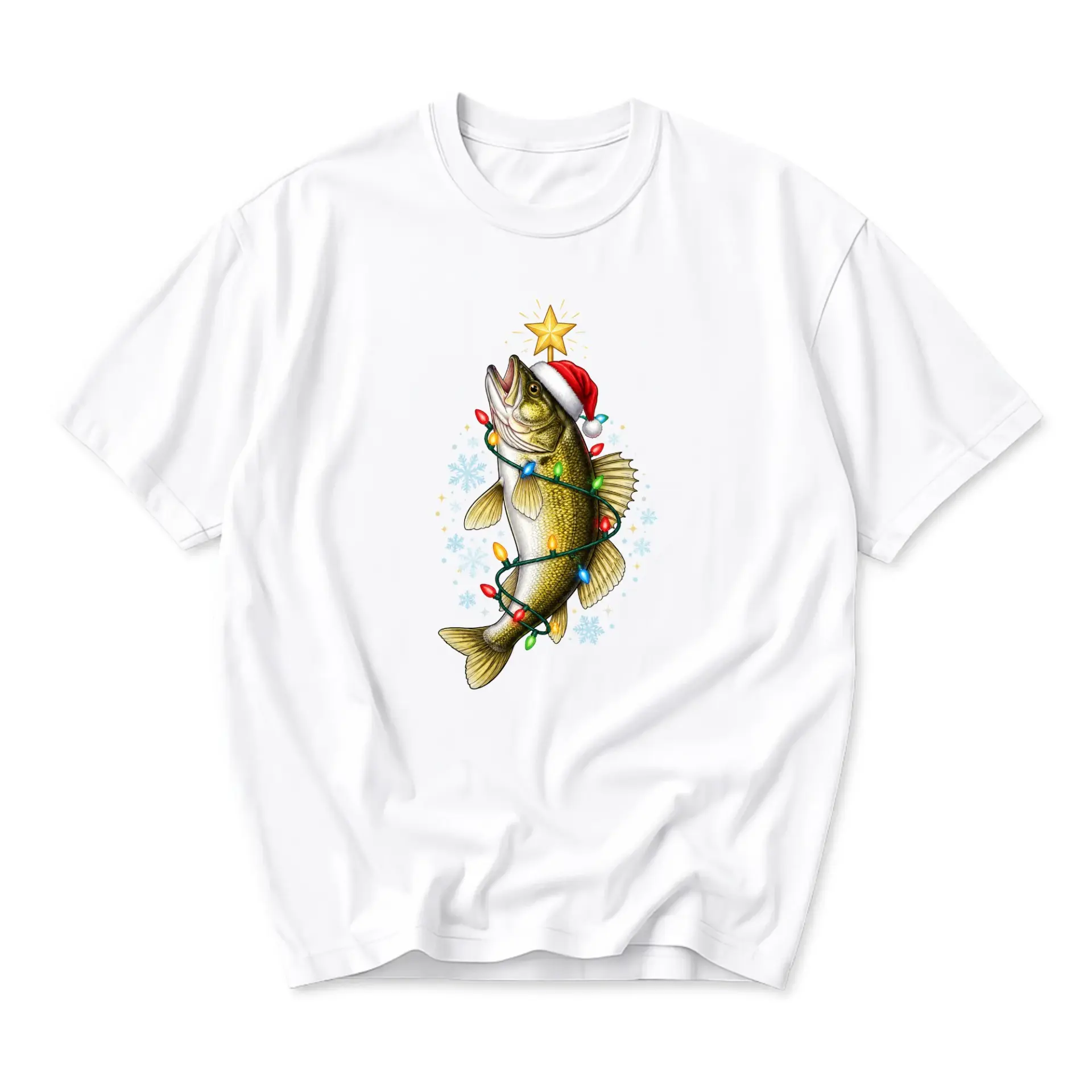 Graphic Tee Christmas Fishing Bass Shirt Festive Holiday Apparel Unisex Crew Neck Short Sleeve Top for Men and Women