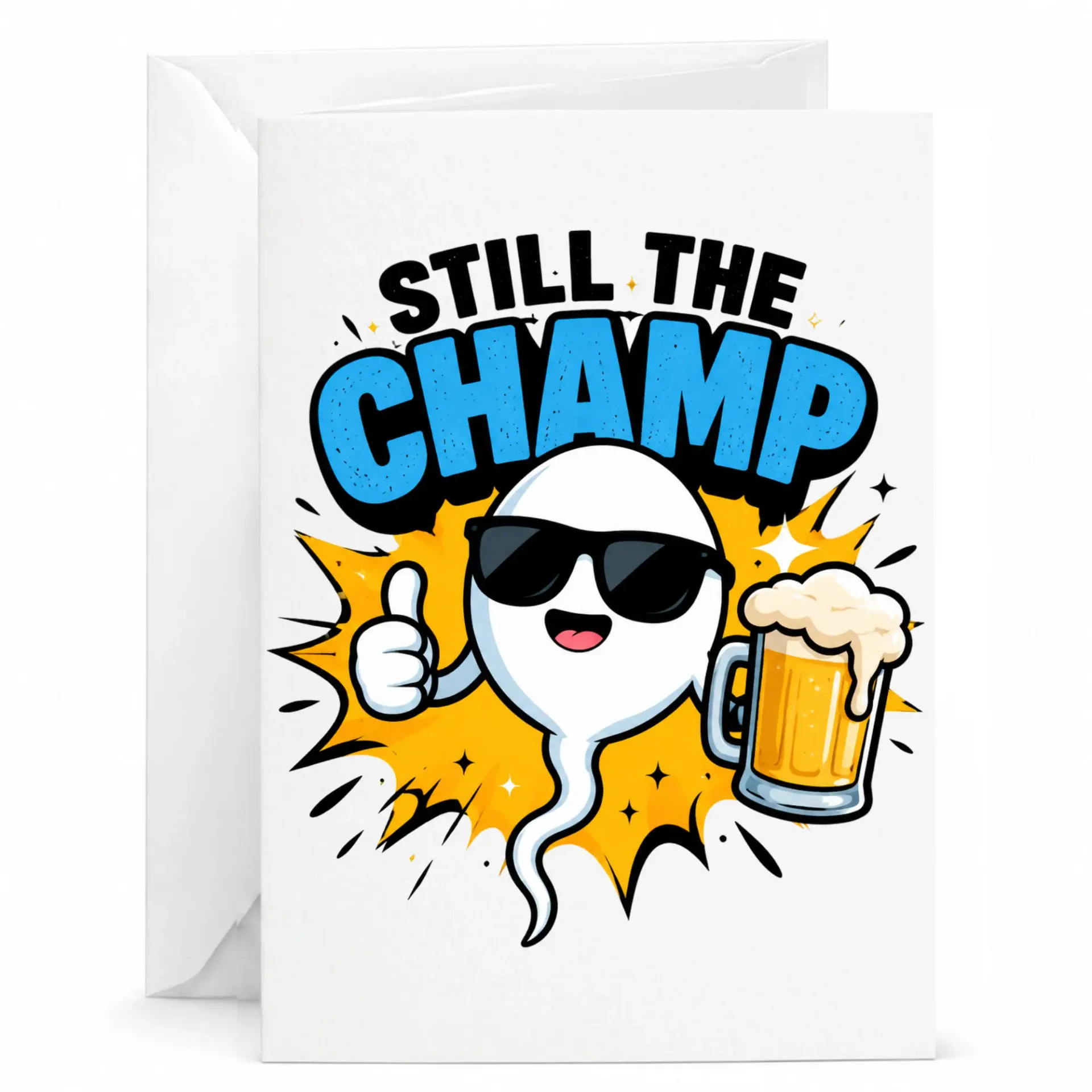 Funny Still the Champ Beer Greeting Card with Envelope, Retro Comic Style Illustration for Celebration