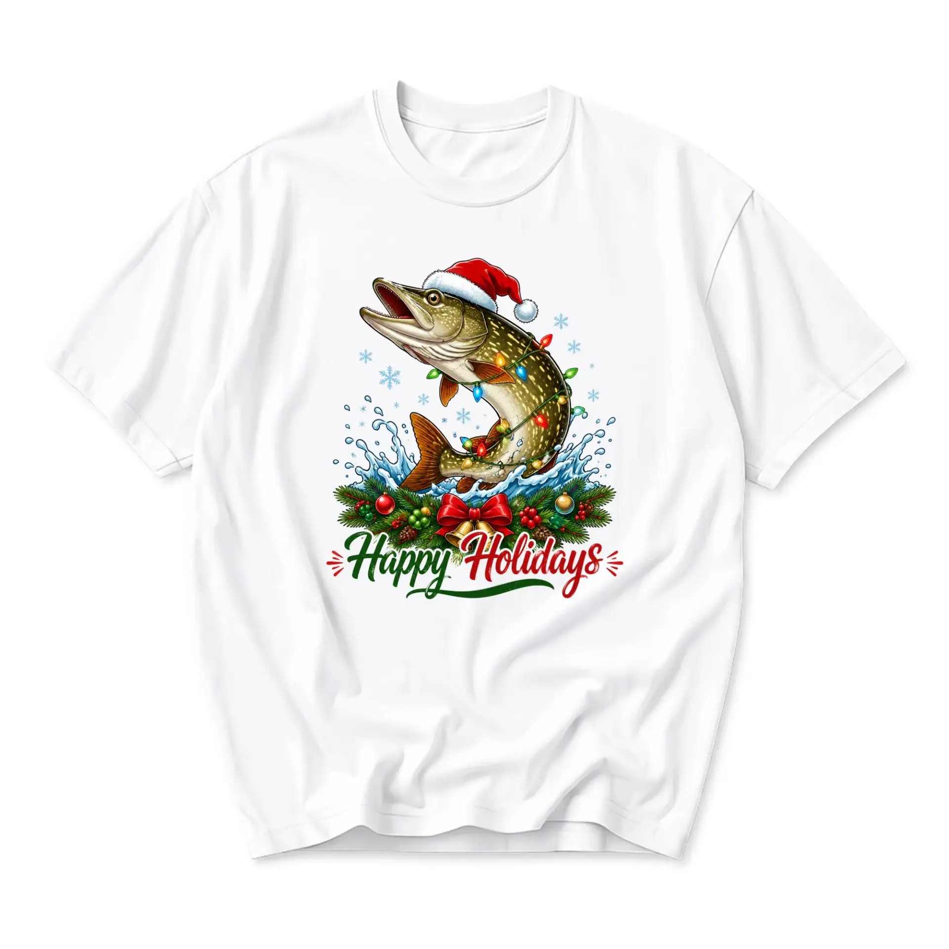 Graphic Tee Happy Holidays Fishing Theme Shirt Seasonal Sport Apparel