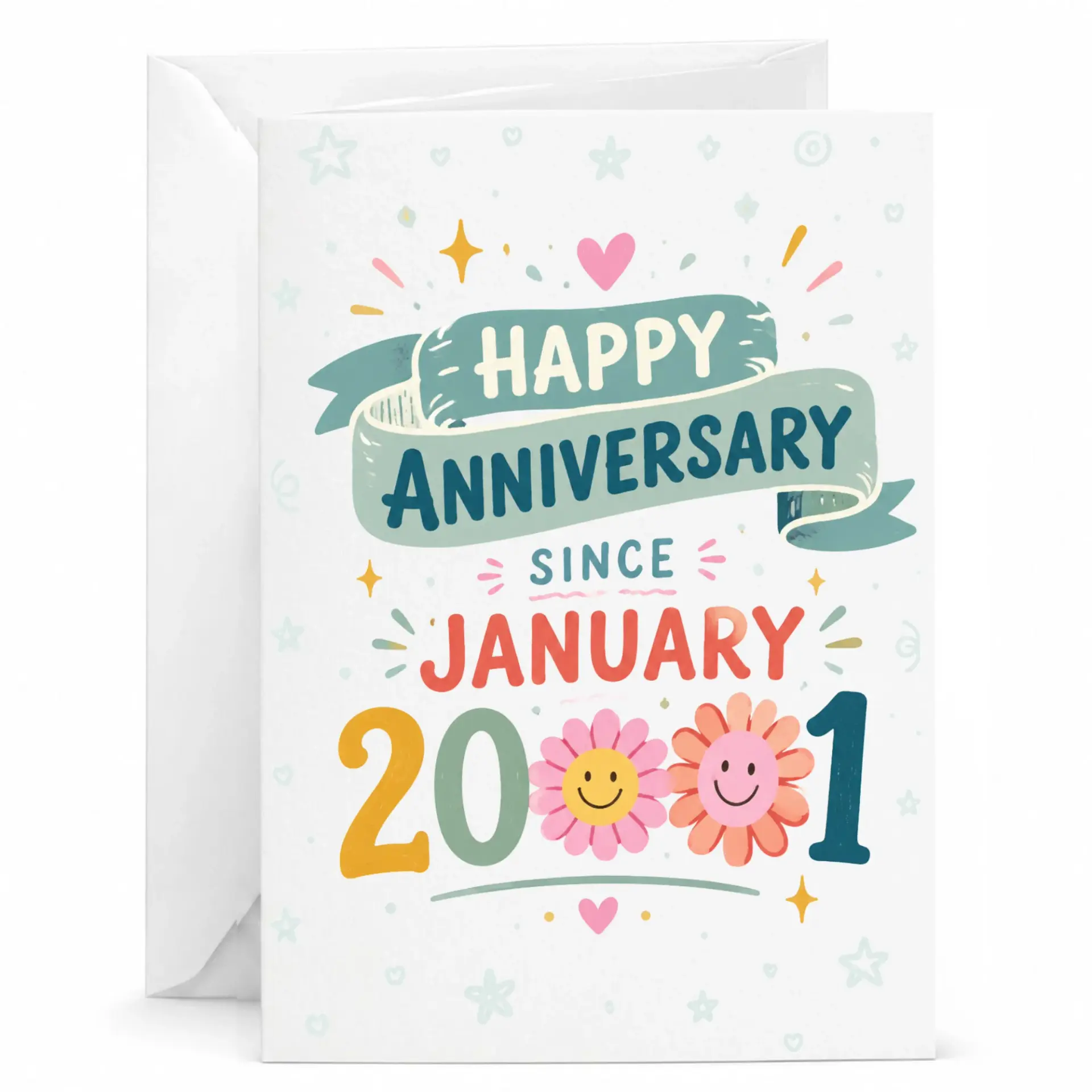 Happy Anniversary Card Since January 2001 Greeting Card for Partner Couples Vintage Floral Style 5x7 Folded Note