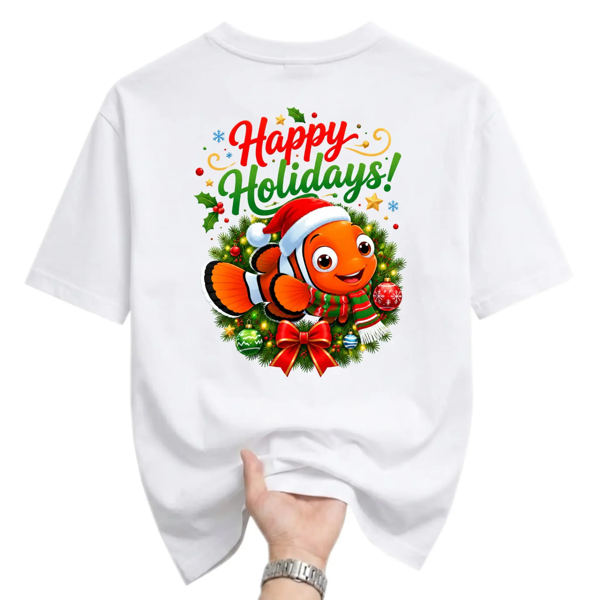 Graphic Tee Happy Holidays Clownfish Christmas Wreath Unisex Casual Crew