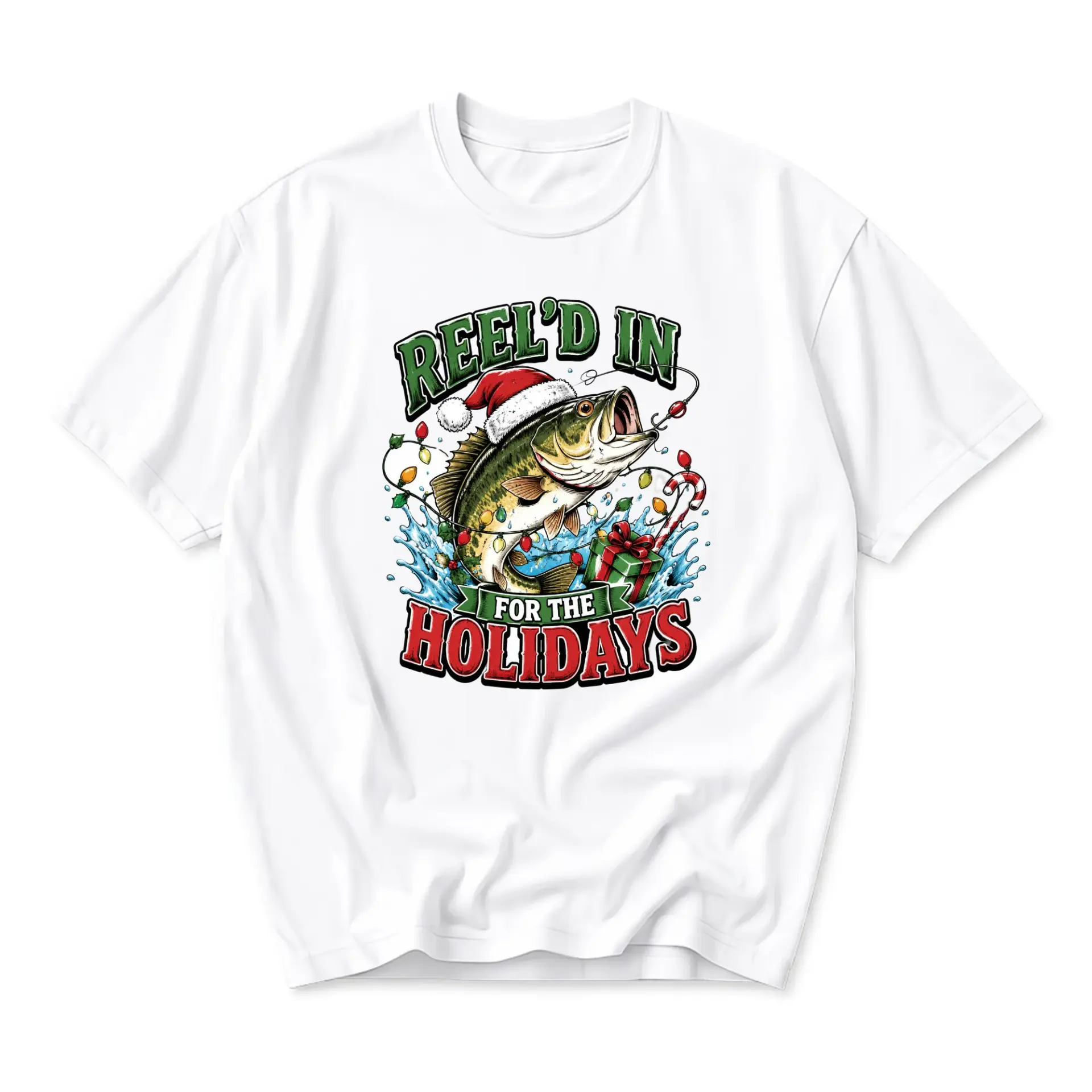 Graphic Tee Unisex Christmas Fishing Shirt Featuring a Fish Wearing a Santa Hat Holiday Seasonal Apparel