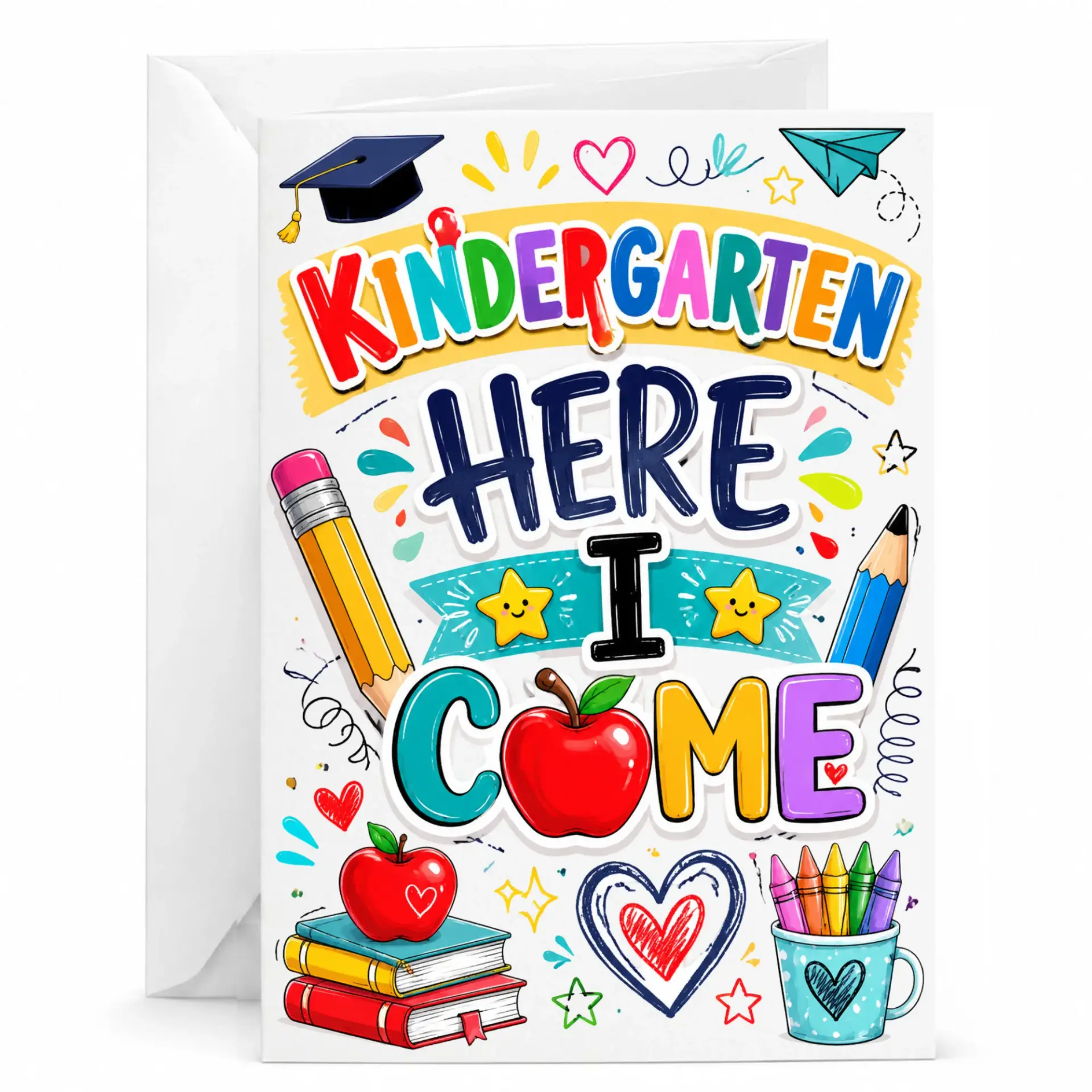 Greeting Card Kindergarten Here I Come Colorful School Design Featuring Pencils Books and Apples for Milestone Celebrations