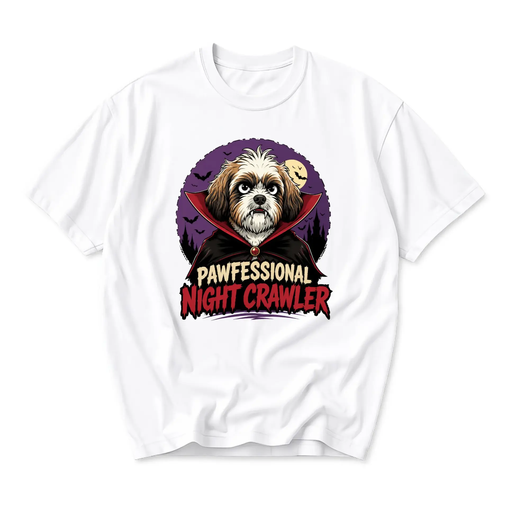 Funny Shirt Pawfessional Night Crawler Vampire Dog Graphic Tee Unisex Crew Neck Casual Everyday Apparel White