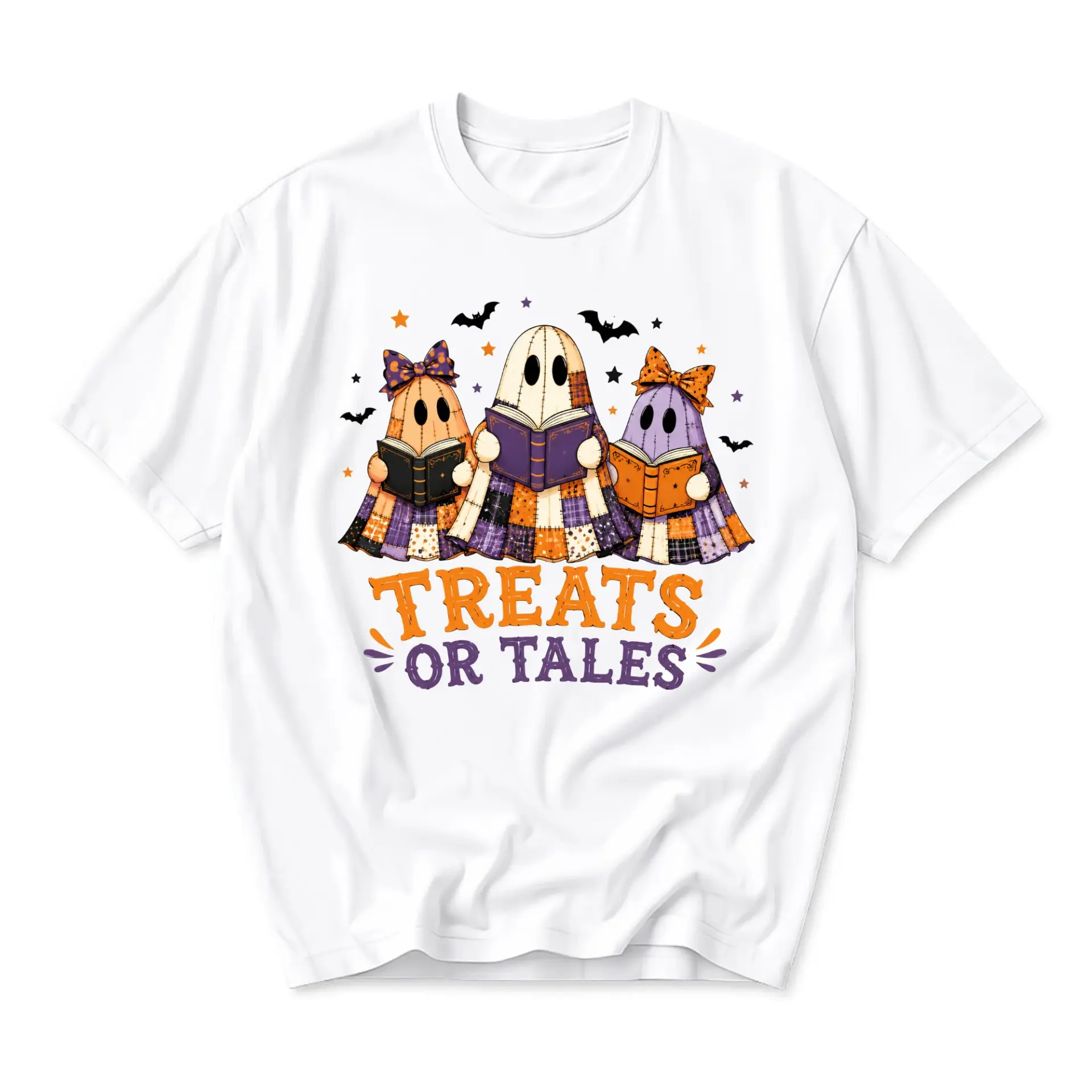 Funny Shirt Treats or Tales Graphic Tee Unisex Crew Neck Short Sleeve Casual Cotton Blend Apparel for Autumn Seasons
