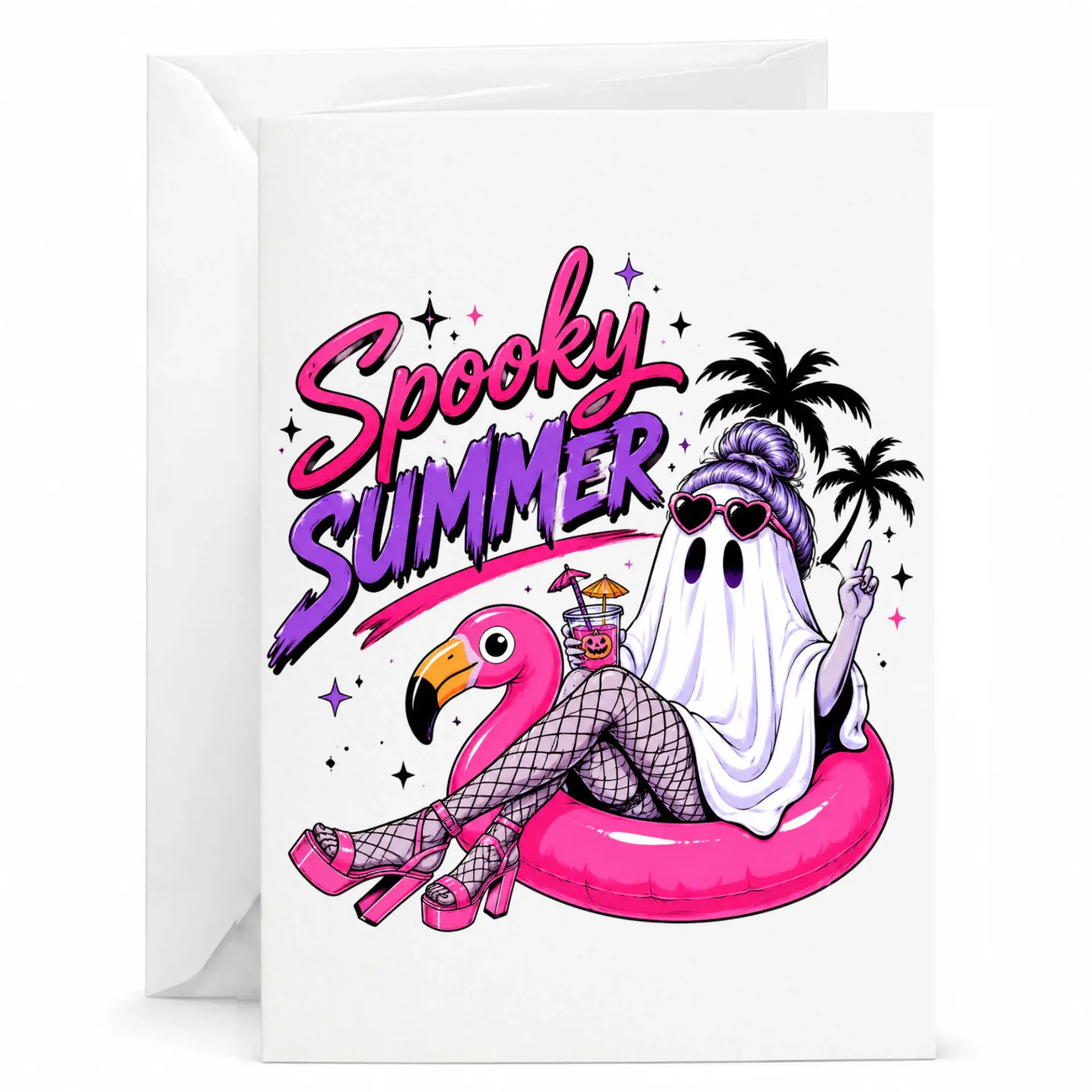 Funny Spooky Summer Greeting Card on Flamingo Art Unique Halloween in July Stationery 5x7 Folded Note