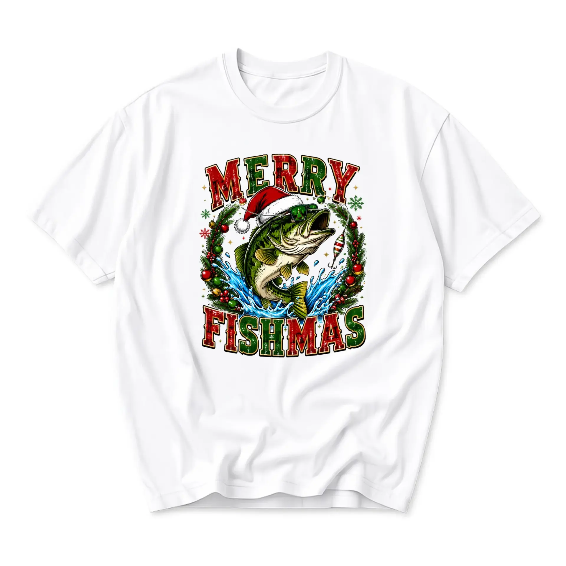 Funny Shirt Merry Fishmas Fishing Holiday Graphic Tee Unisex Short Sleeve
