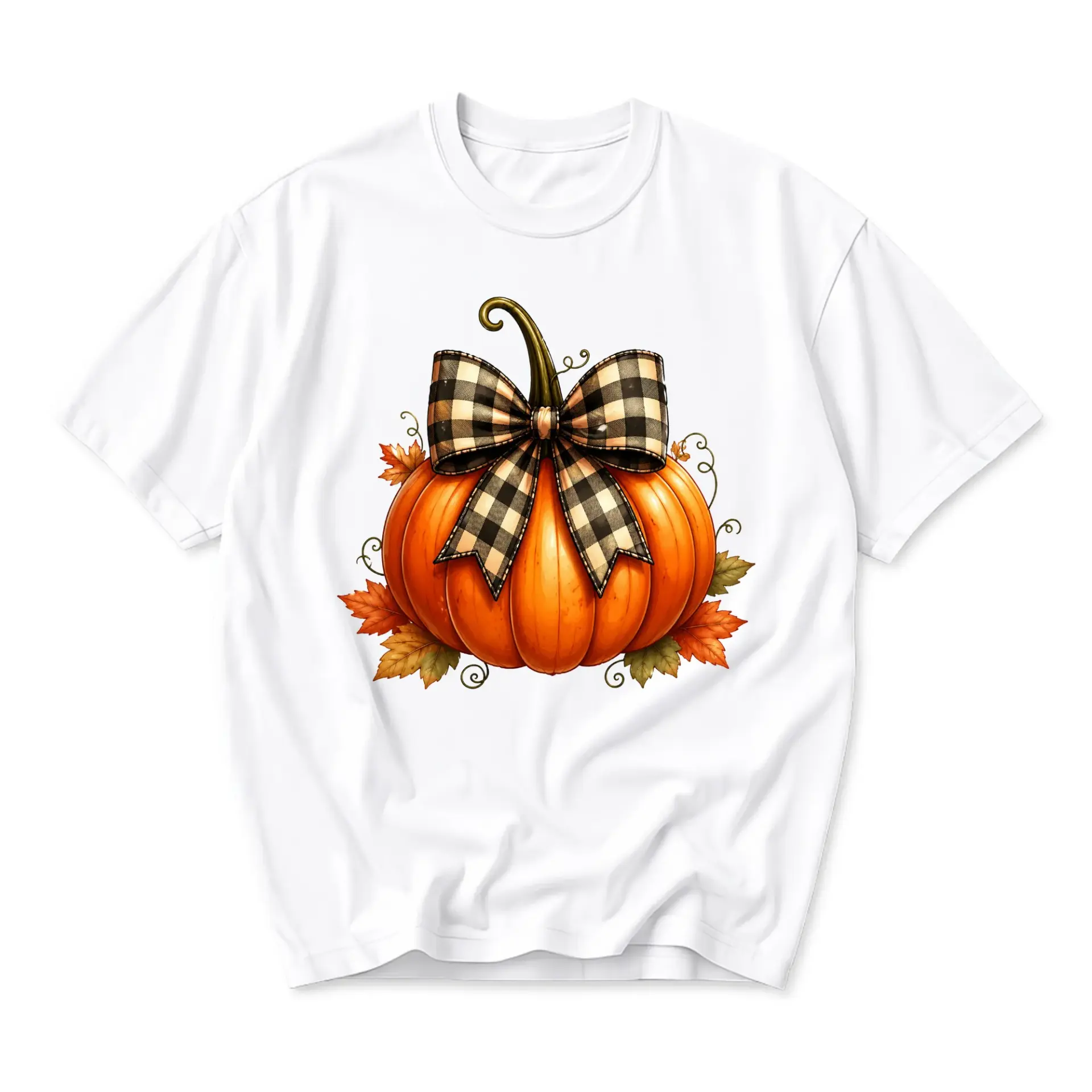 T-shirt Pumpkin Graphic Tee Fall Harvest Autumn Season Casual Unisex Apparel Featuring Buffalo Plaid Bow Illustration