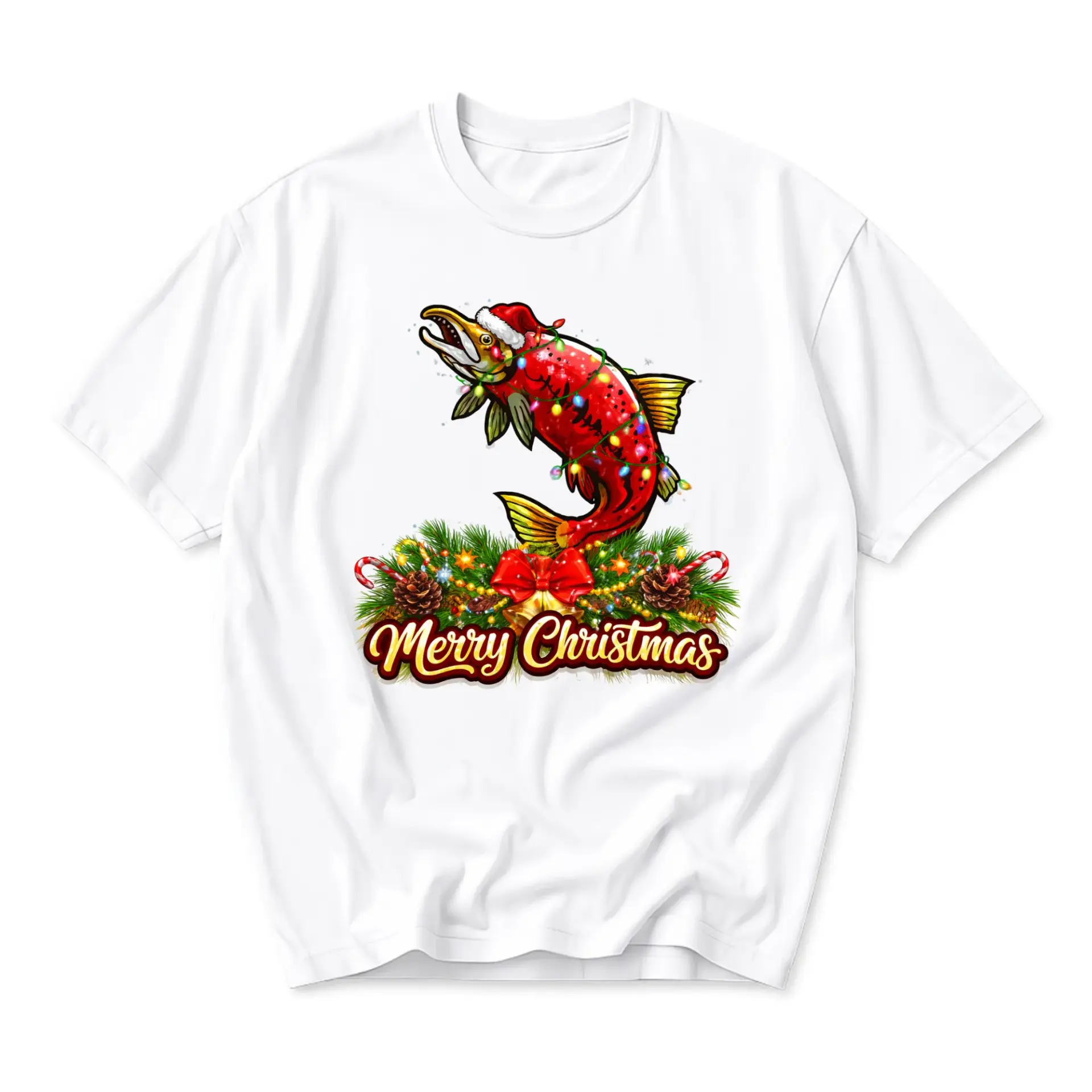 Funny Shirt Merry Christmas Salmon Graphic Tee Holiday Fish Lover Unisex Crew Neck Cotton Blend Casual Top