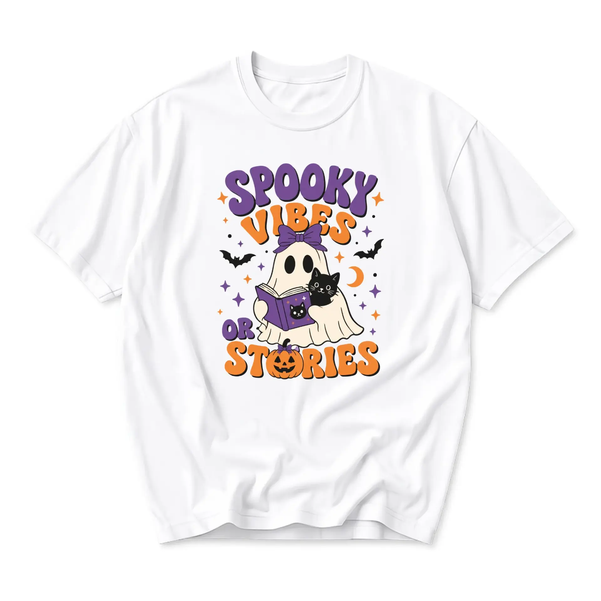 Funny Shirt Spooky Vibes or Stories Graphic Tee Casual Unisex Crew Neck Short Sleeve Cotton Blend Halloween Apparel