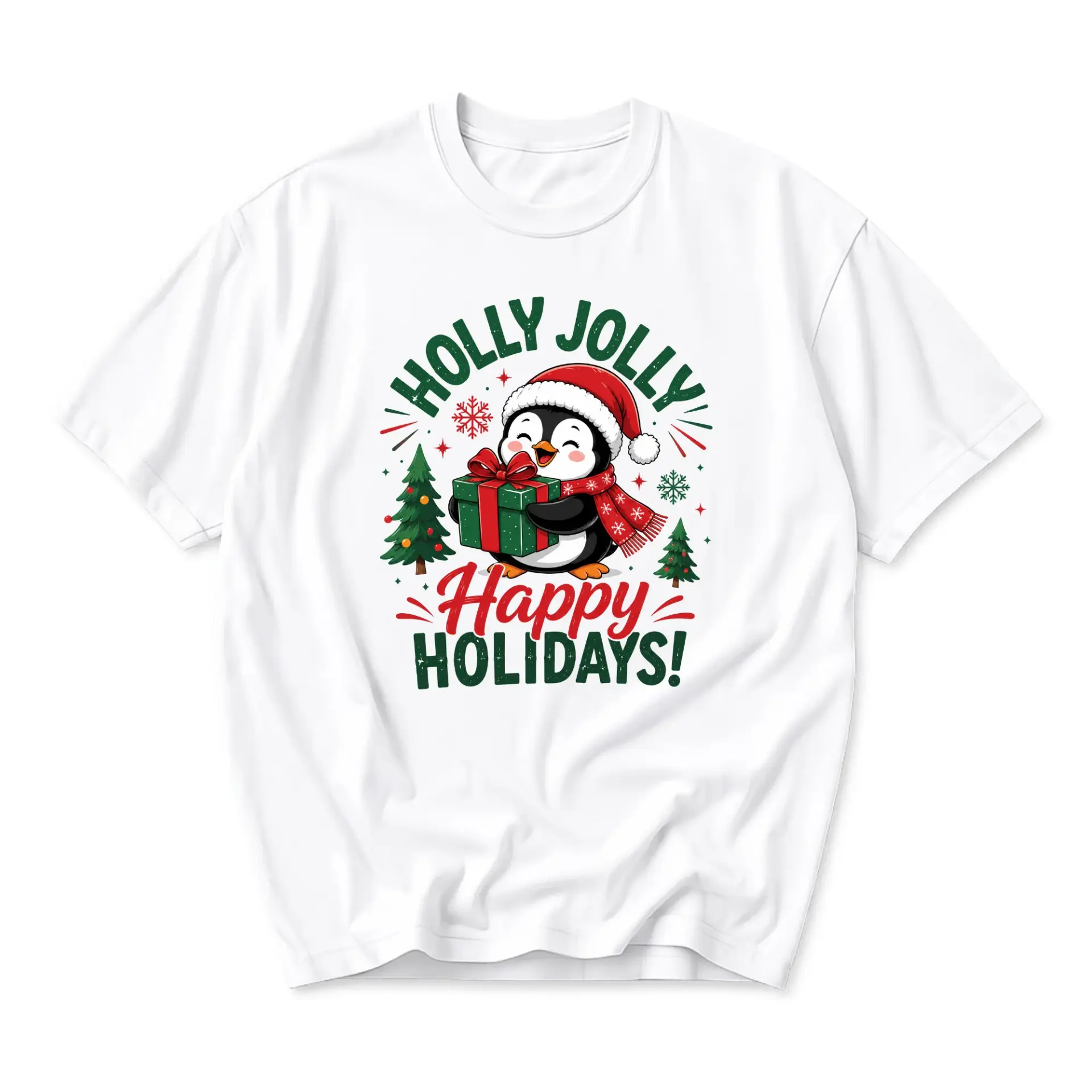 Funny Shirt Holly Jolly Happy Holidays Graphic Tee Seasonal Winter Penguin Print Crew Neck Casual Unisex Cotton Top