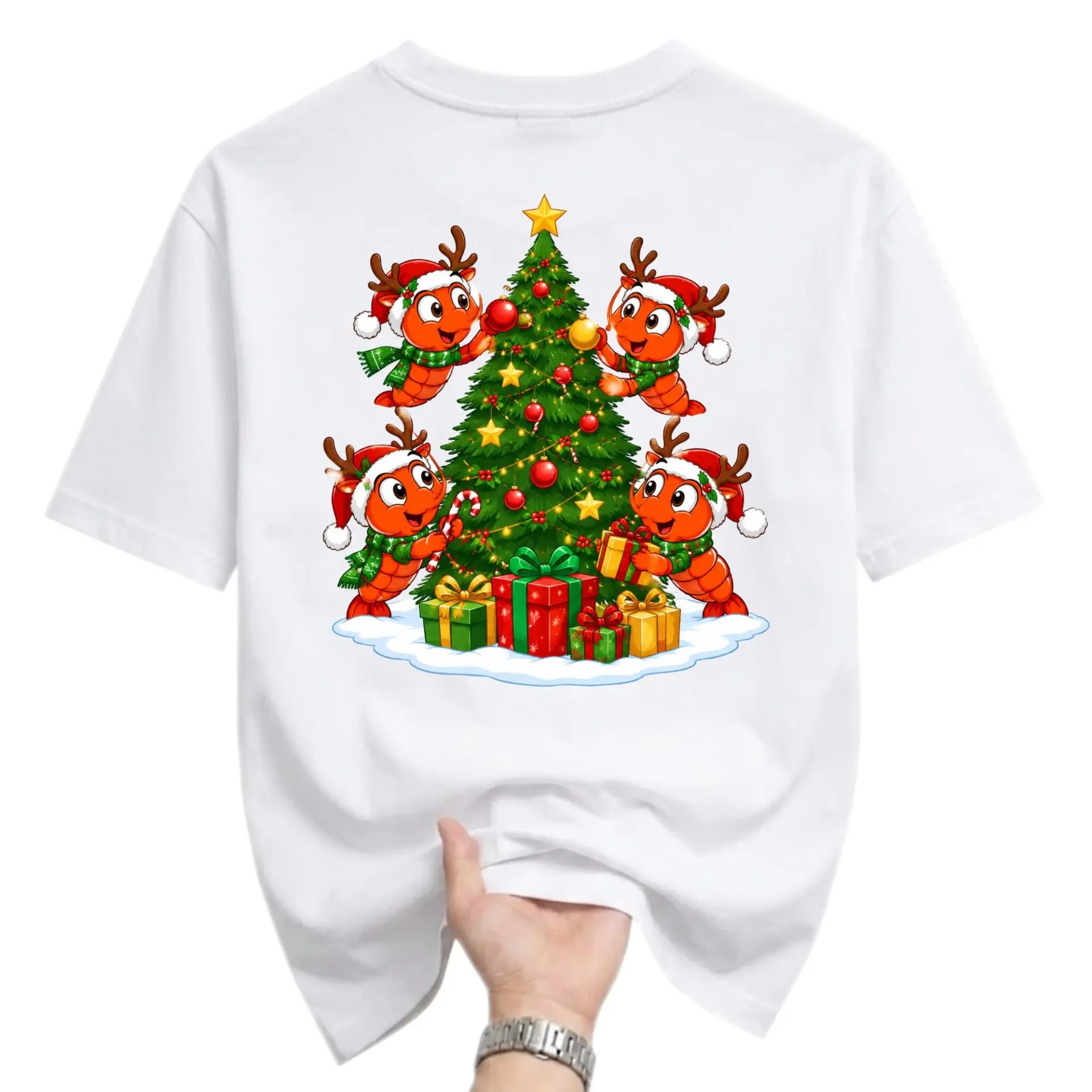 Funny Shirt Holiday Graphic Tee Featuring Cute Crustaceans Decorating a Christmas Tree Unisex Crew Neck Top