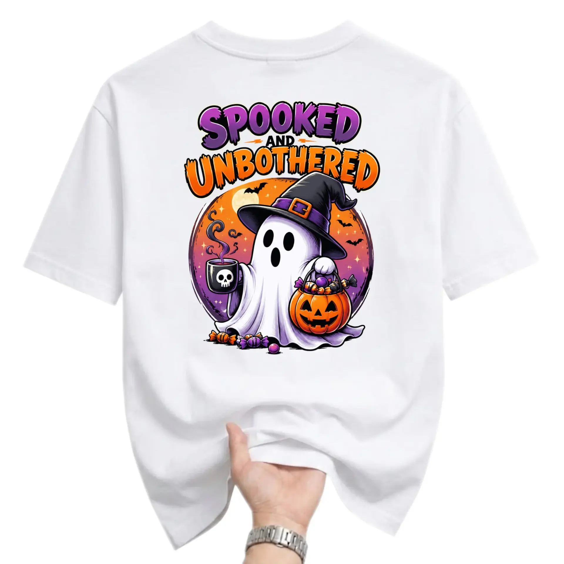 Funny Shirt Spooked and Unbothered Graphic Tee Cute Ghost Wearing Witch Hat Drinking Coffee Autumn Seasonal Apparel