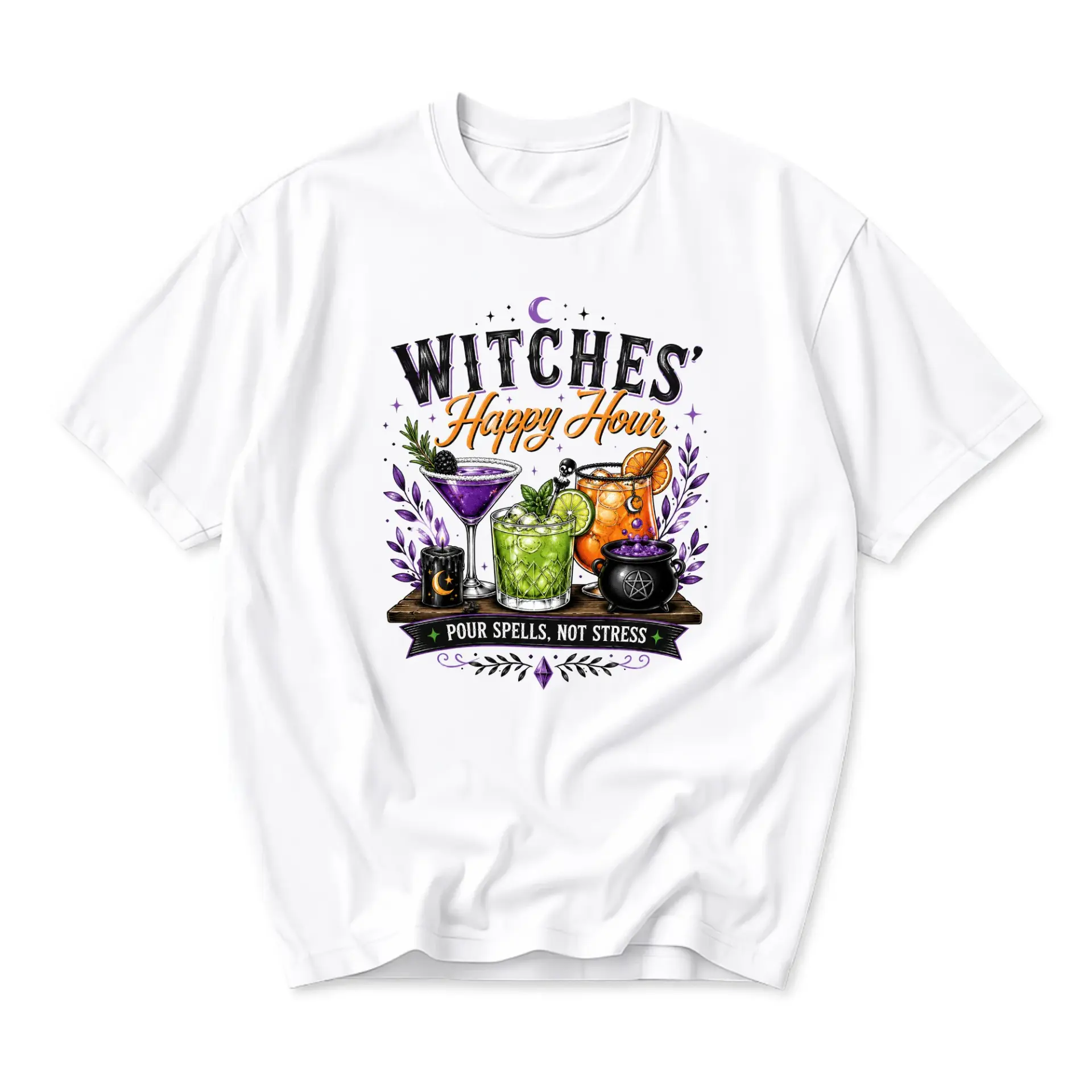 Funny Shirt Witches Happy Hour Pour Spells Not Stress Graphic Tee Unisex Casual Cotton Crew Neck Short Sleeve Top