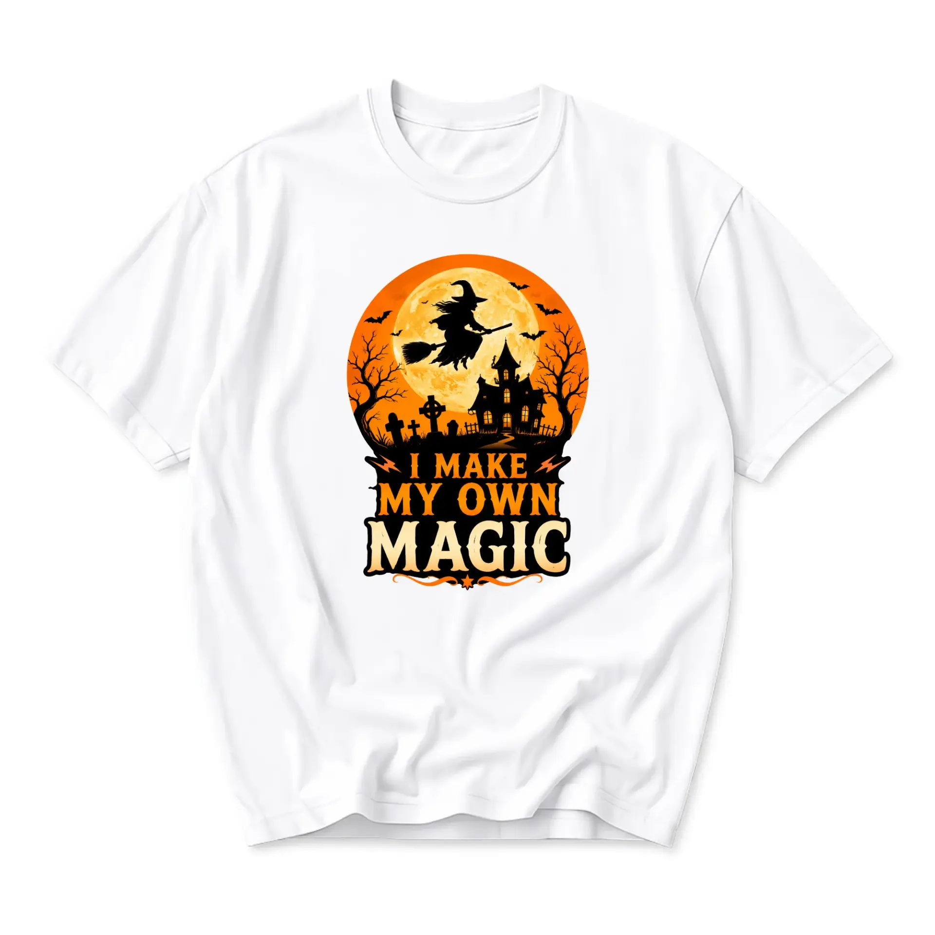 Graphic Tee I Make My Own Magic Halloween Witch Moon Unisex Crew Neck Short Sleeve Casual Cotton Blend Shirt