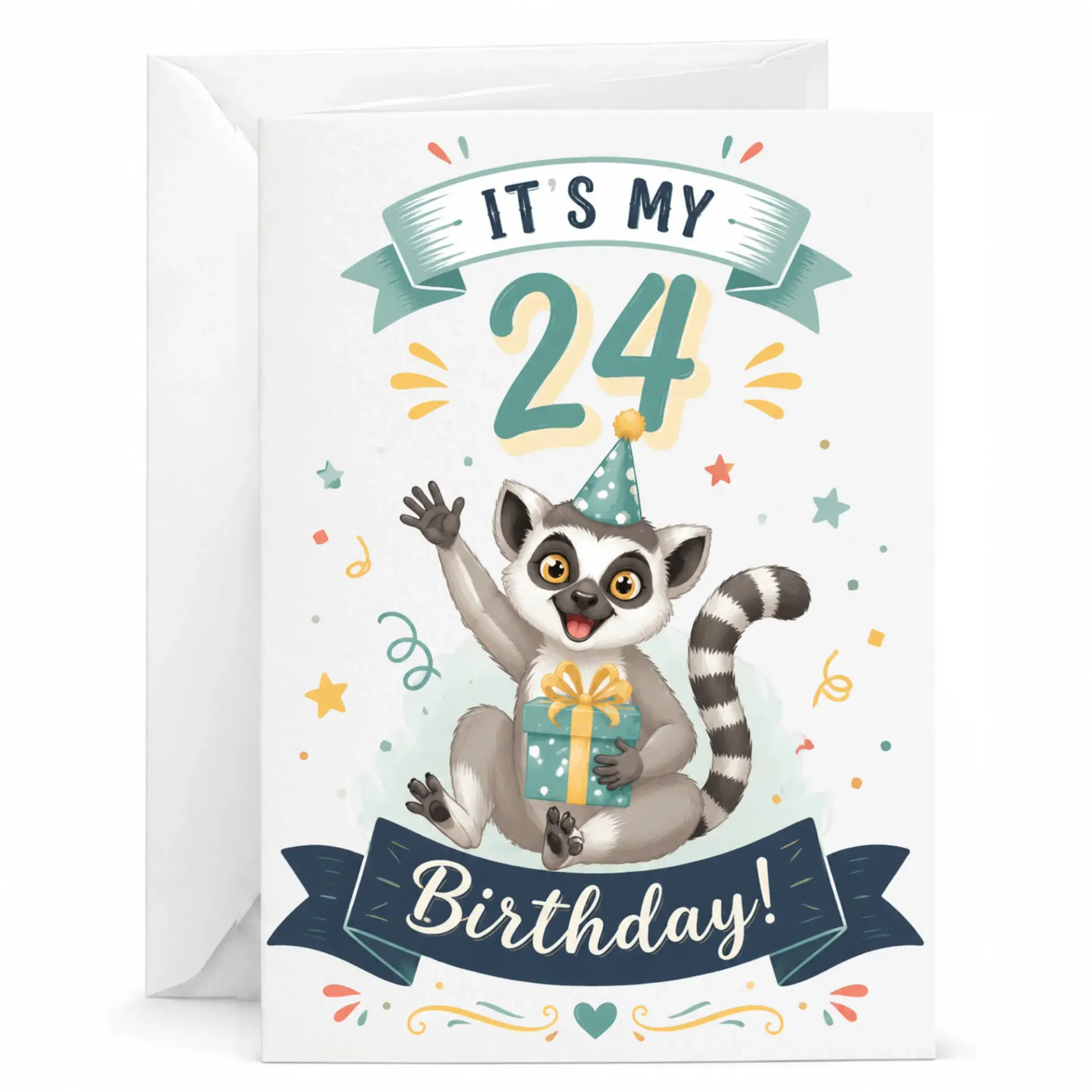 Birthday Card 24th Birthday Greeting Card Featuring a Cute Cartoon Lemur with Party Hat and Gift Box Design 5x7 Inches