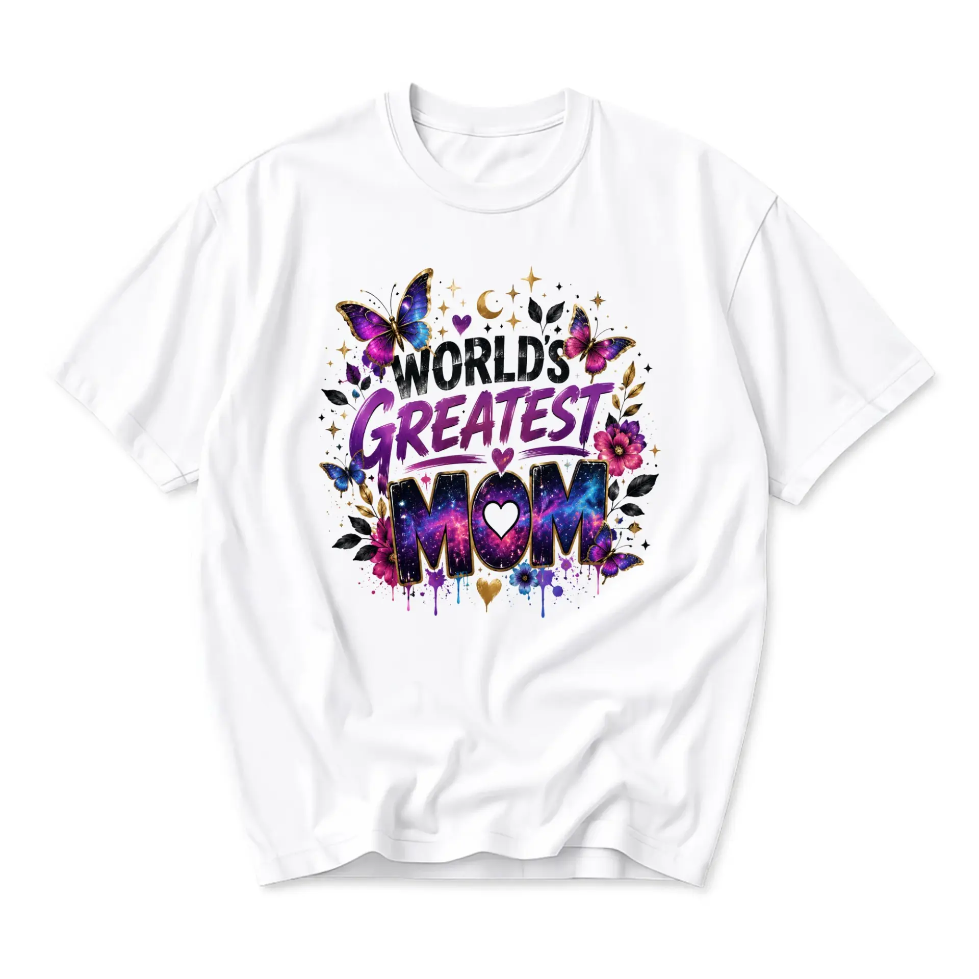 Graphic Tee World's Greatest Mom T-Shirt Featuring Colorful Butterfly and Galaxy Floral Botanical Art Design