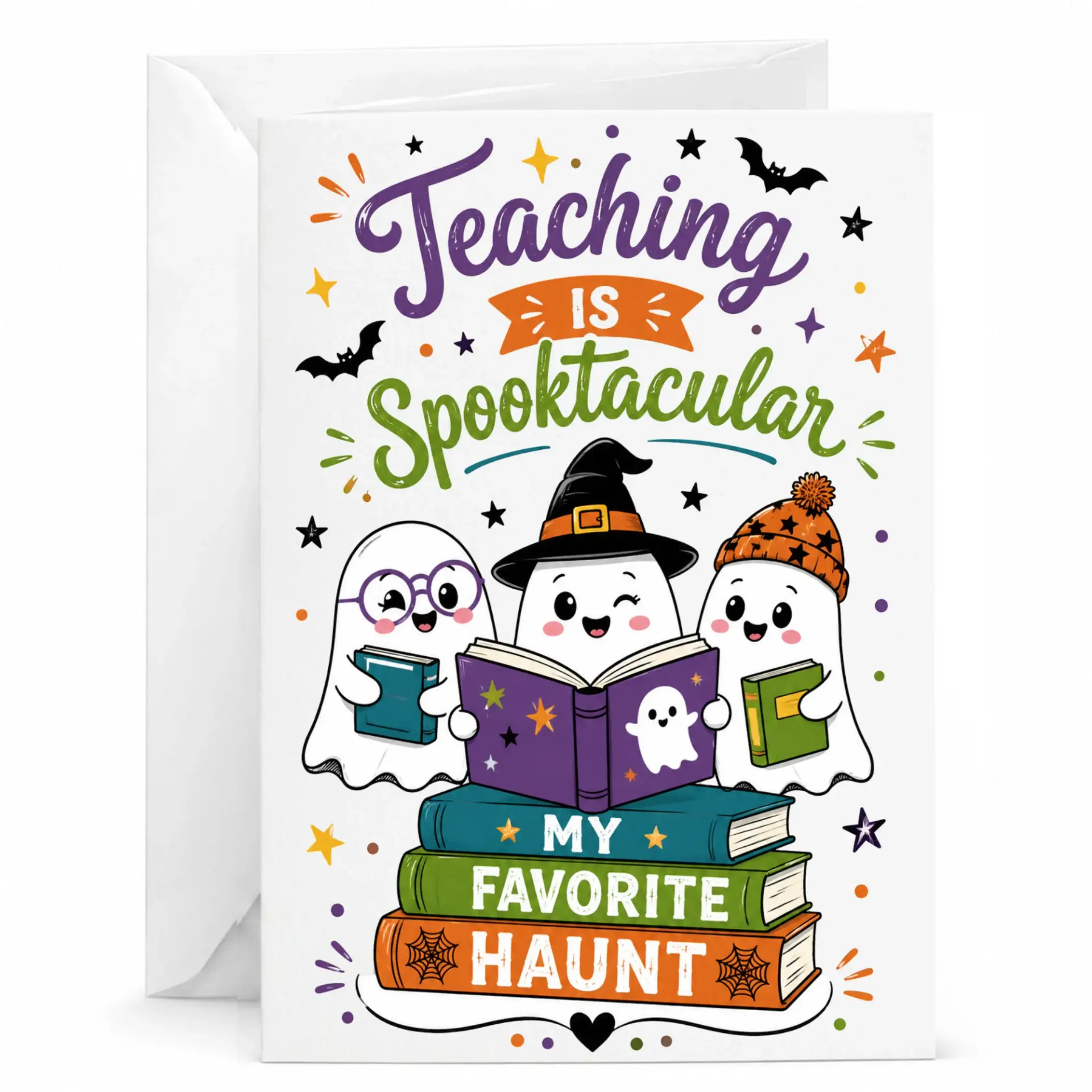 Funny Teacher Appreciation Greeting Card Teaching Is Spooktacular Design with Cute and Books for Fall Holidays