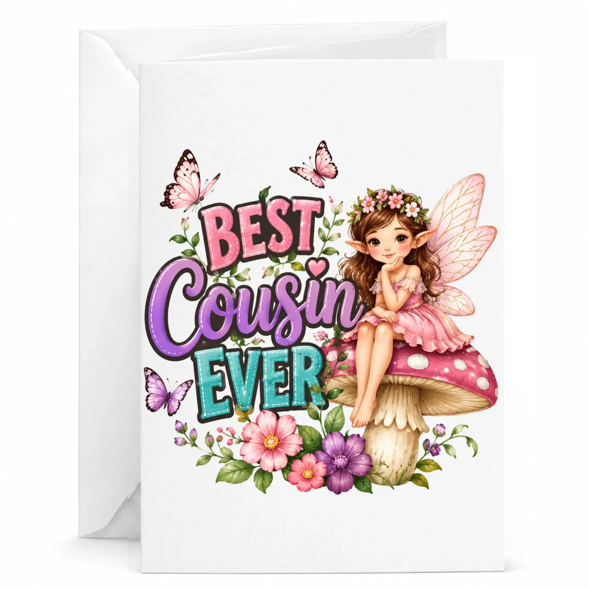 Best Cousin Ever Greeting Card Featuring Whimsical Fairy Illustration Floral Mushroom Design for Family Appreciation