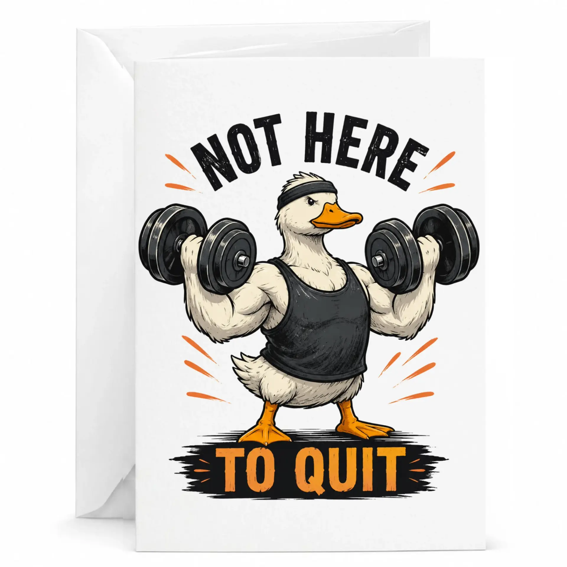 Funny Card Not Here to Quit Motivational Duck Lifting Weights Greeting for Fitness Enthusiasts 5x7 Inch Folded Note