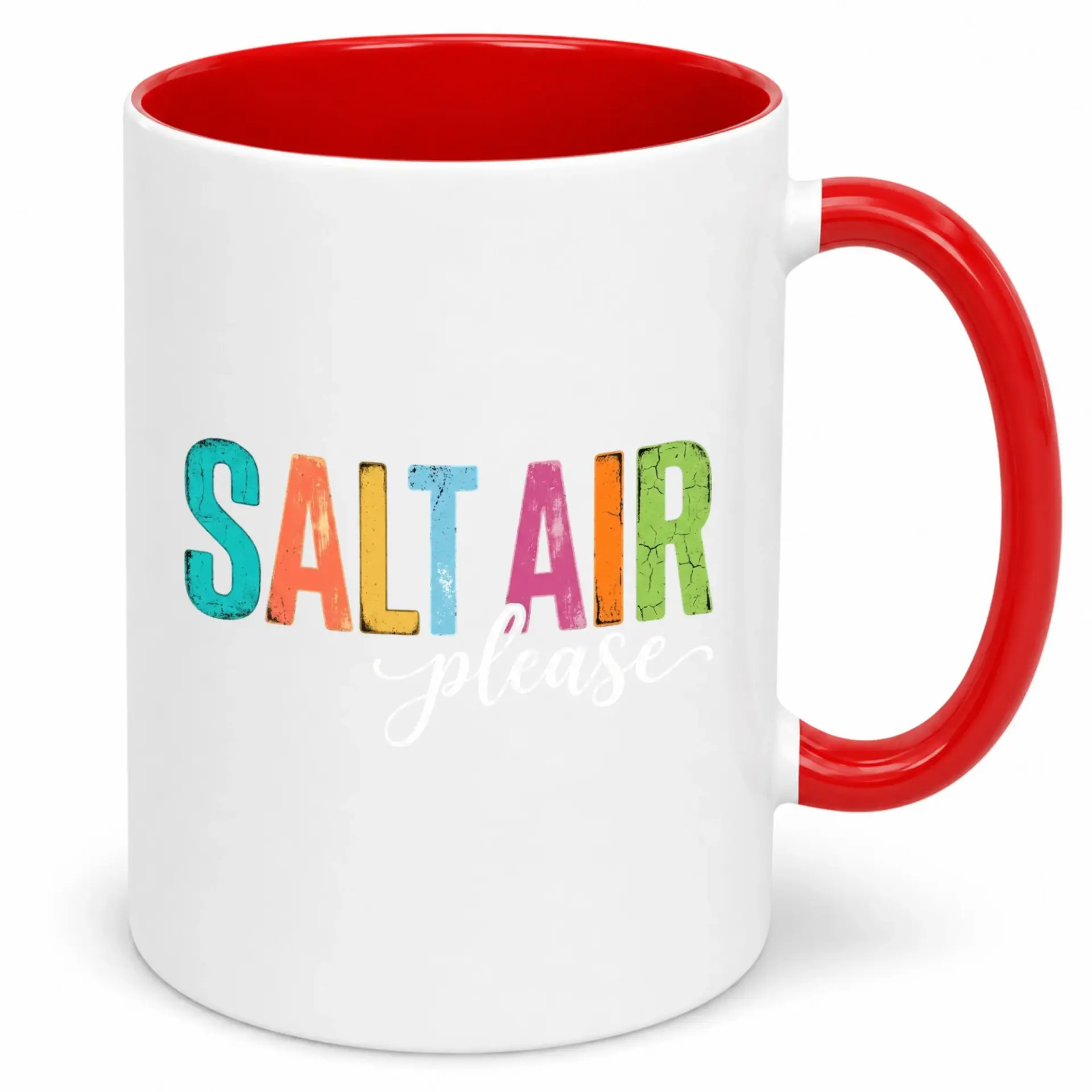 Funny Beach Themed Ceramic Coffee Mug with Salt Air Please Quote, Vibrant Distressed Design White Mug with Red Handle and Interior