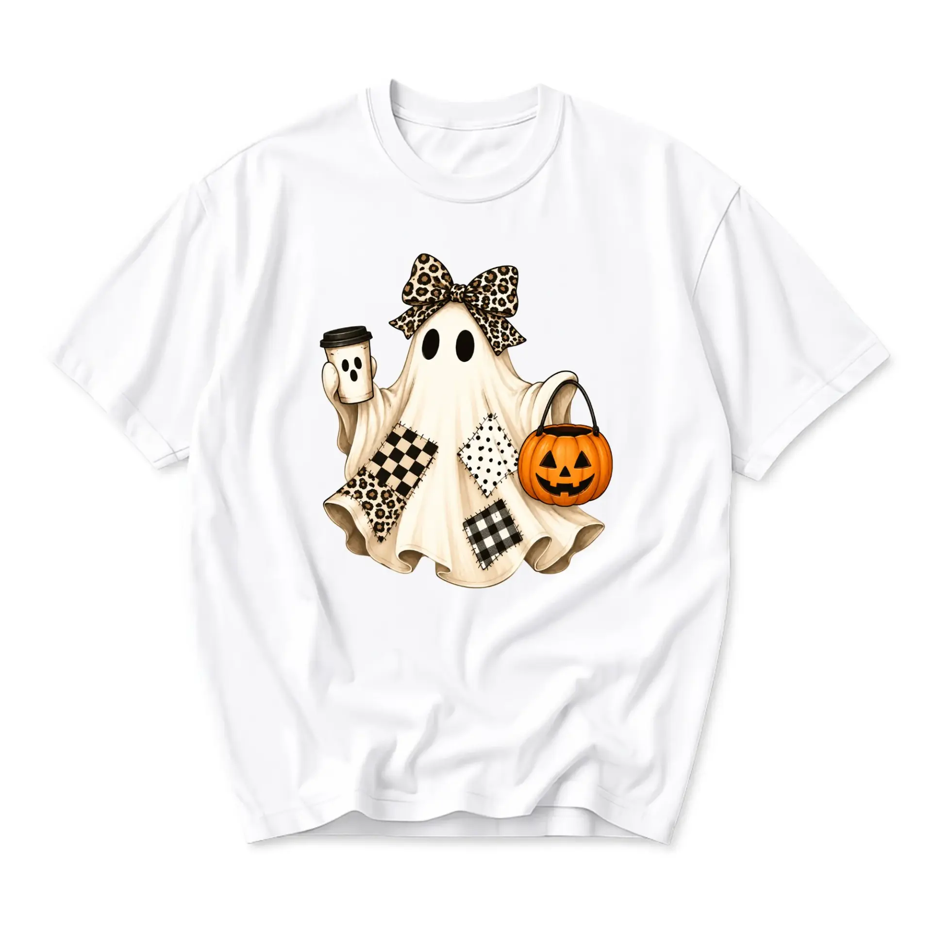 Graphic Tee Ghost Holding Pumpkin and Coffee Cup Spooky Season Unisex Crew Neck Casual Everyday Short Sleeve Shirt