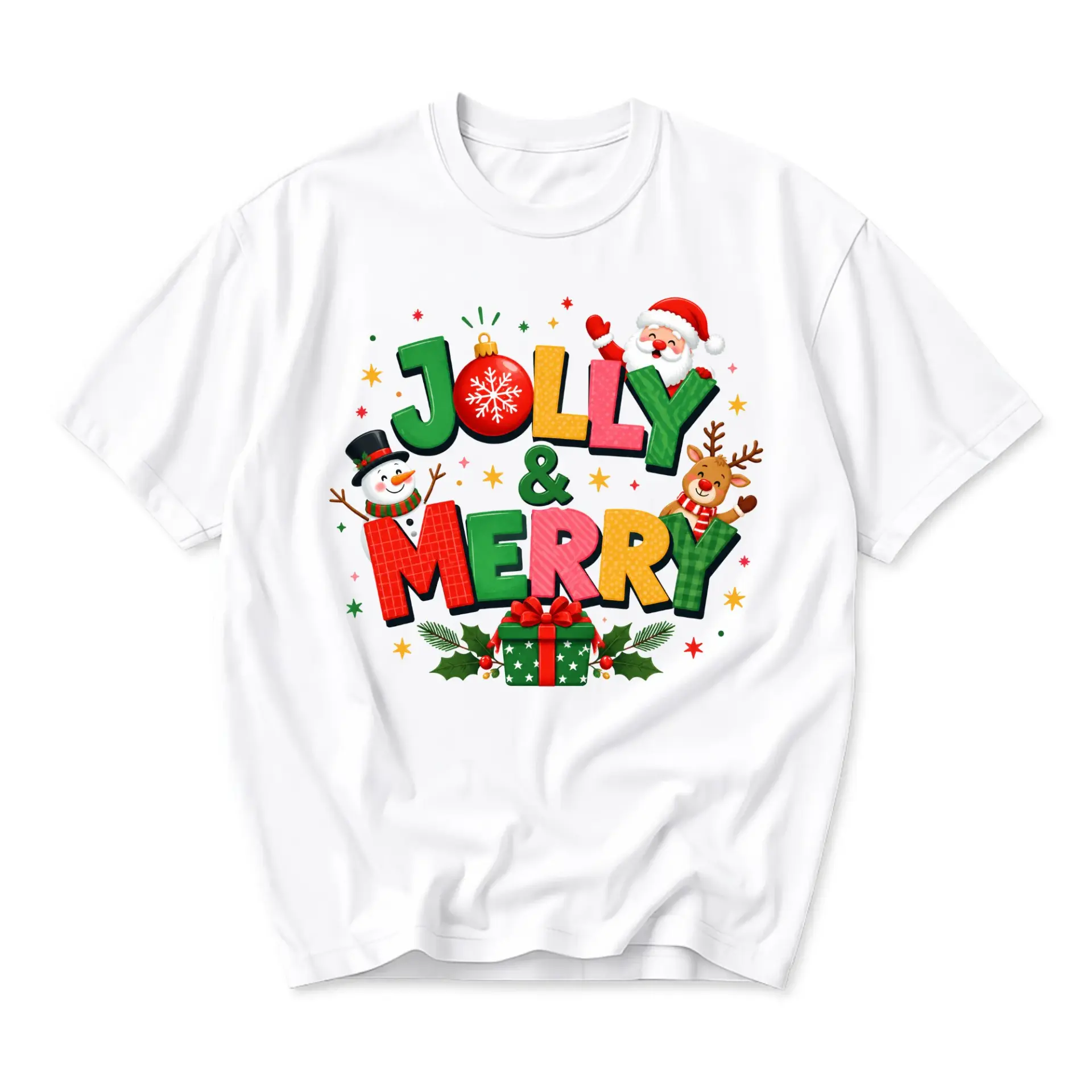 Graphic Tee Jolly and Merry Holiday Shirt Unisex Casual Seasonal Apparel Festive Winter Design Crew Neck White T-Shirt