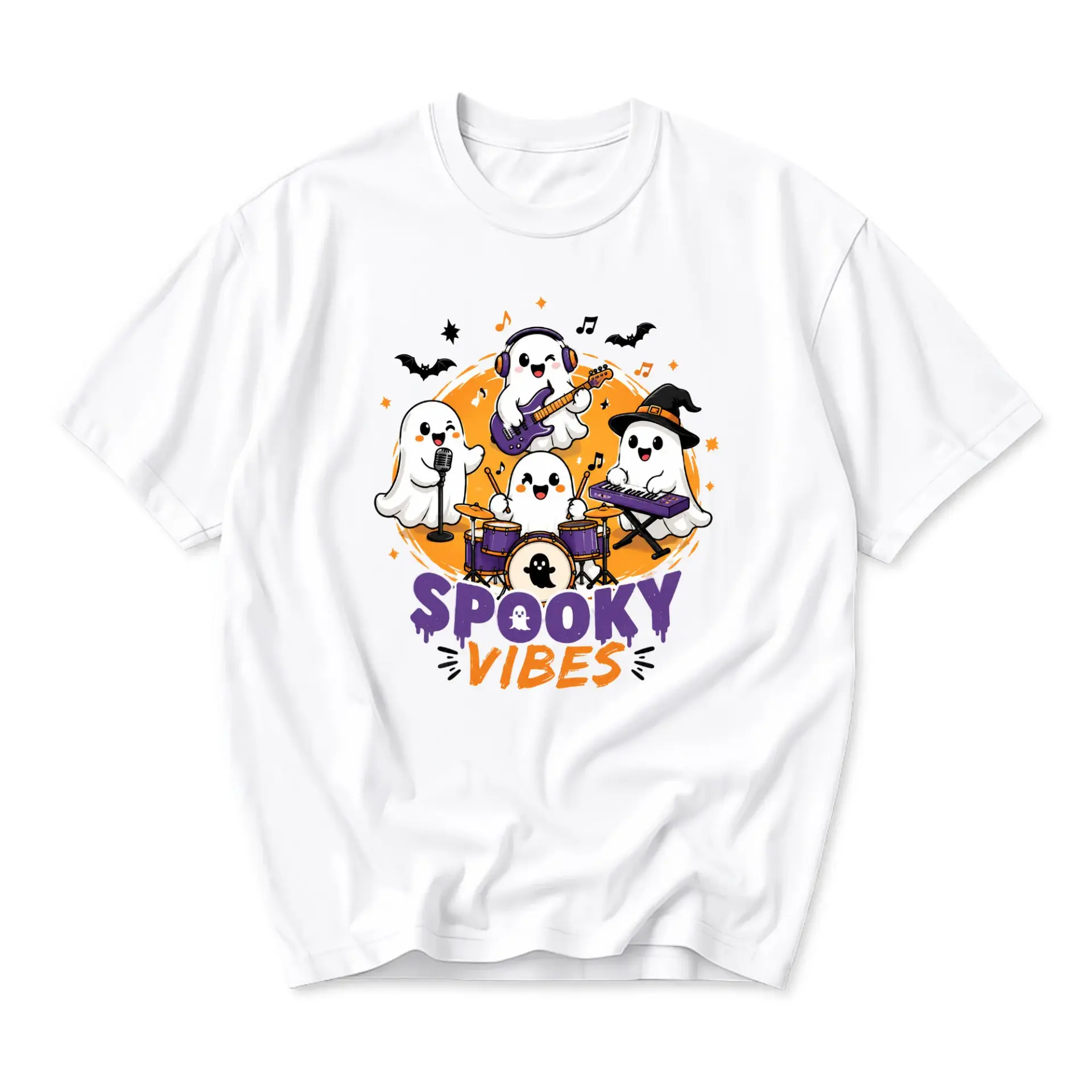 Funny Shirt Spooky Vibes Ghost Band Graphic Tee Unisex Crew Neck Casual Cotton Blend Short Sleeve Halloween Top
