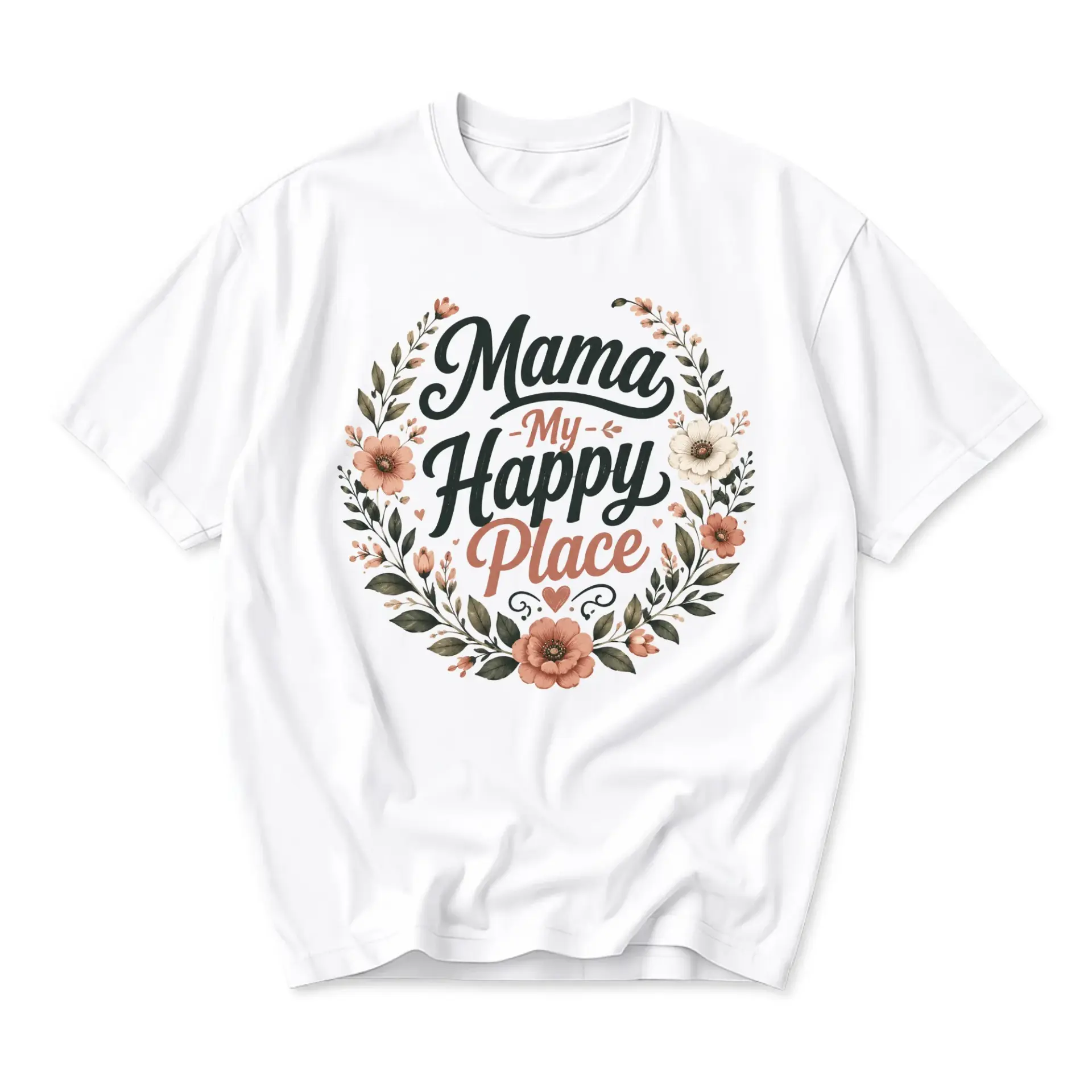 Graphic Tee Mama My Happy Place Floral Wreath Unisex Casual Crew Neck T-Shirt Soft Cotton Blend Everyday Summer Top