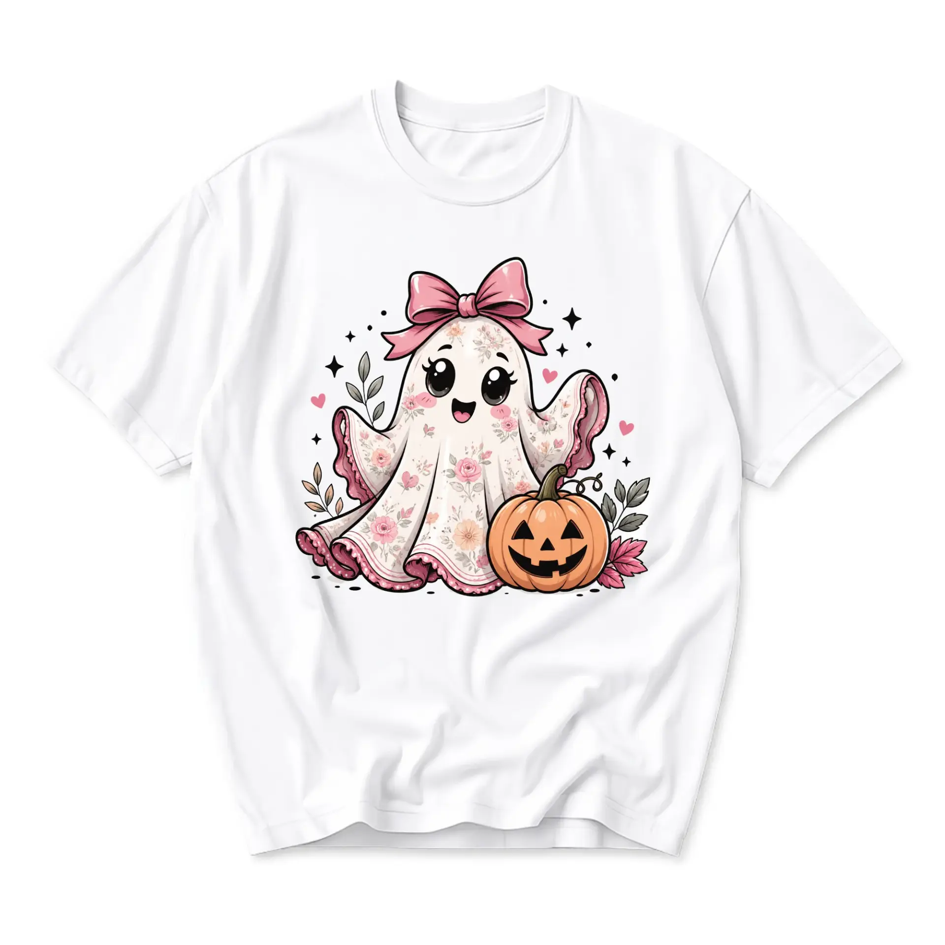 Graphic Tee Cute Floral Ghost with Pumpkin Illustration Unisex Crew Neck Short Sleeve Casual Cotton Blend Shirt