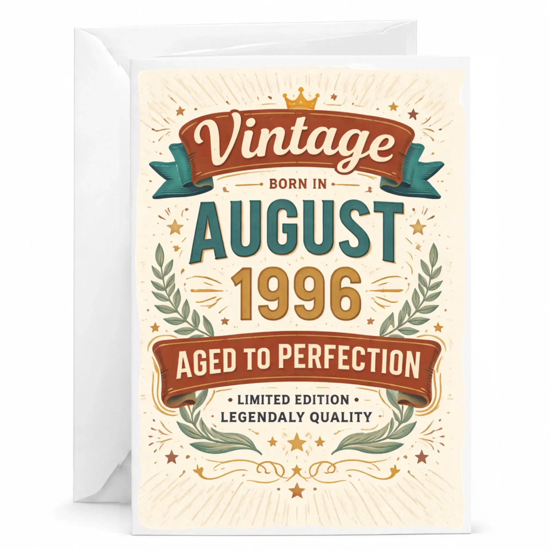 Birthday Card Vintage Born in August 1996 Aged to Perfection Greeting Card for Someone Special with White Envelope