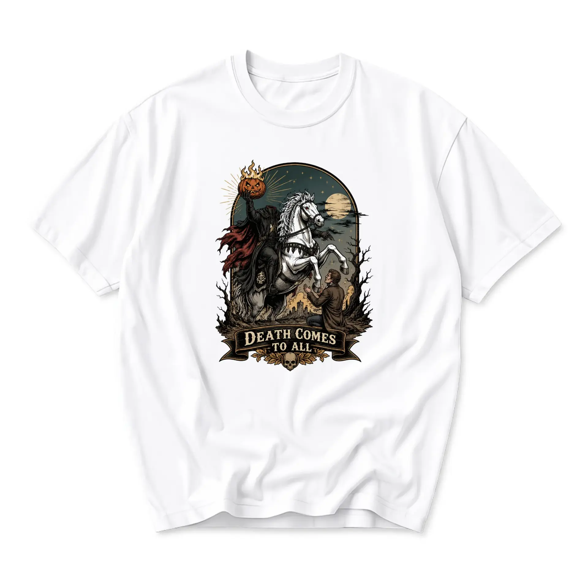 Graphic Tee Death Comes to All Pumpkin Rider Illustration Unisex Crew Neck Short Sleeve Casual Cotton Blend Shirt