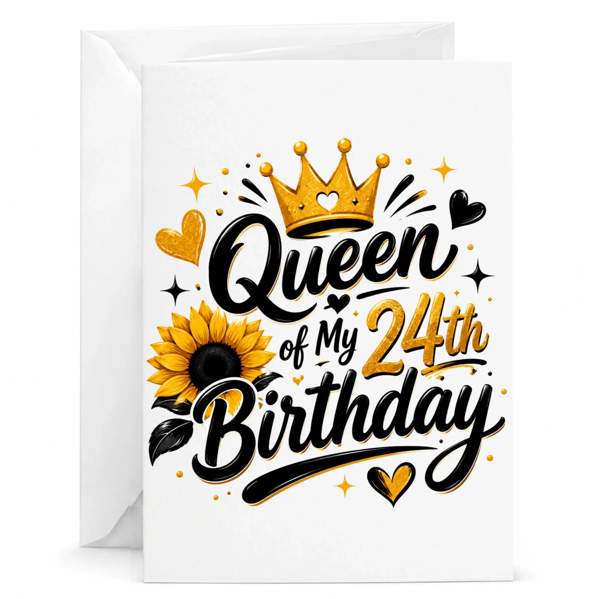 Birthday Card Queen of My 24th Birthday Greeting Card with Sunflower and Crown Design for Milestone Celebration