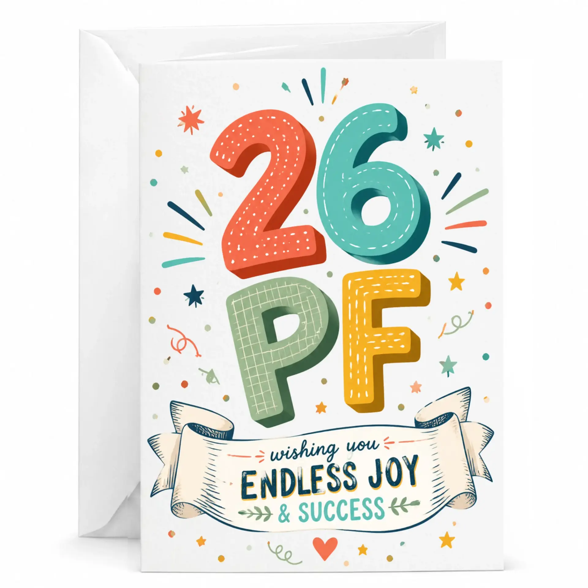 Greeting Card for 26th Birthday Celebration Colorful Festive Lettering Design with Matching White Envelope 5x7 Inches