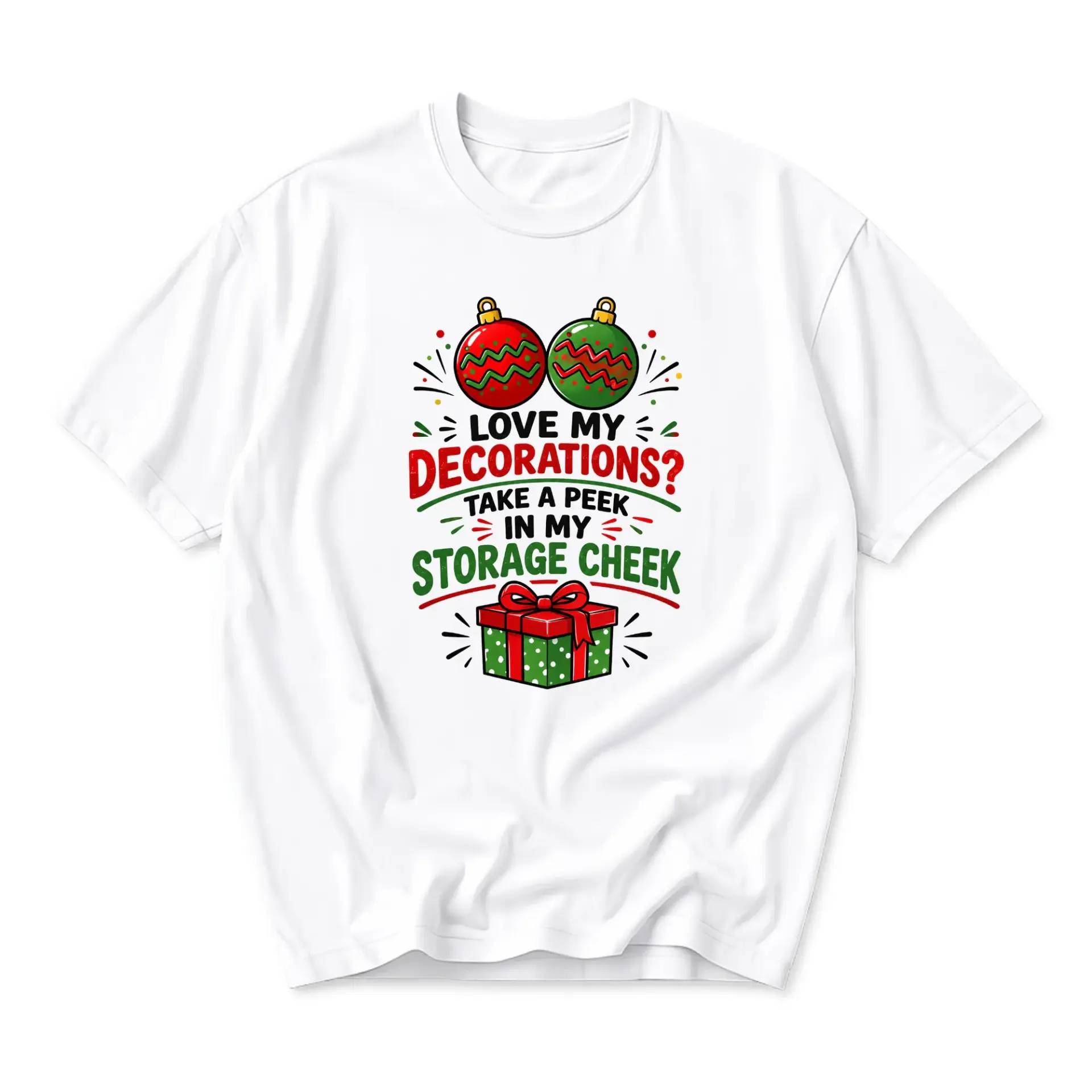 Funny Shirt Holiday Graphic Tee with Christmas Ornament and Present Art for Casual Festive Everyday Outfit Wear