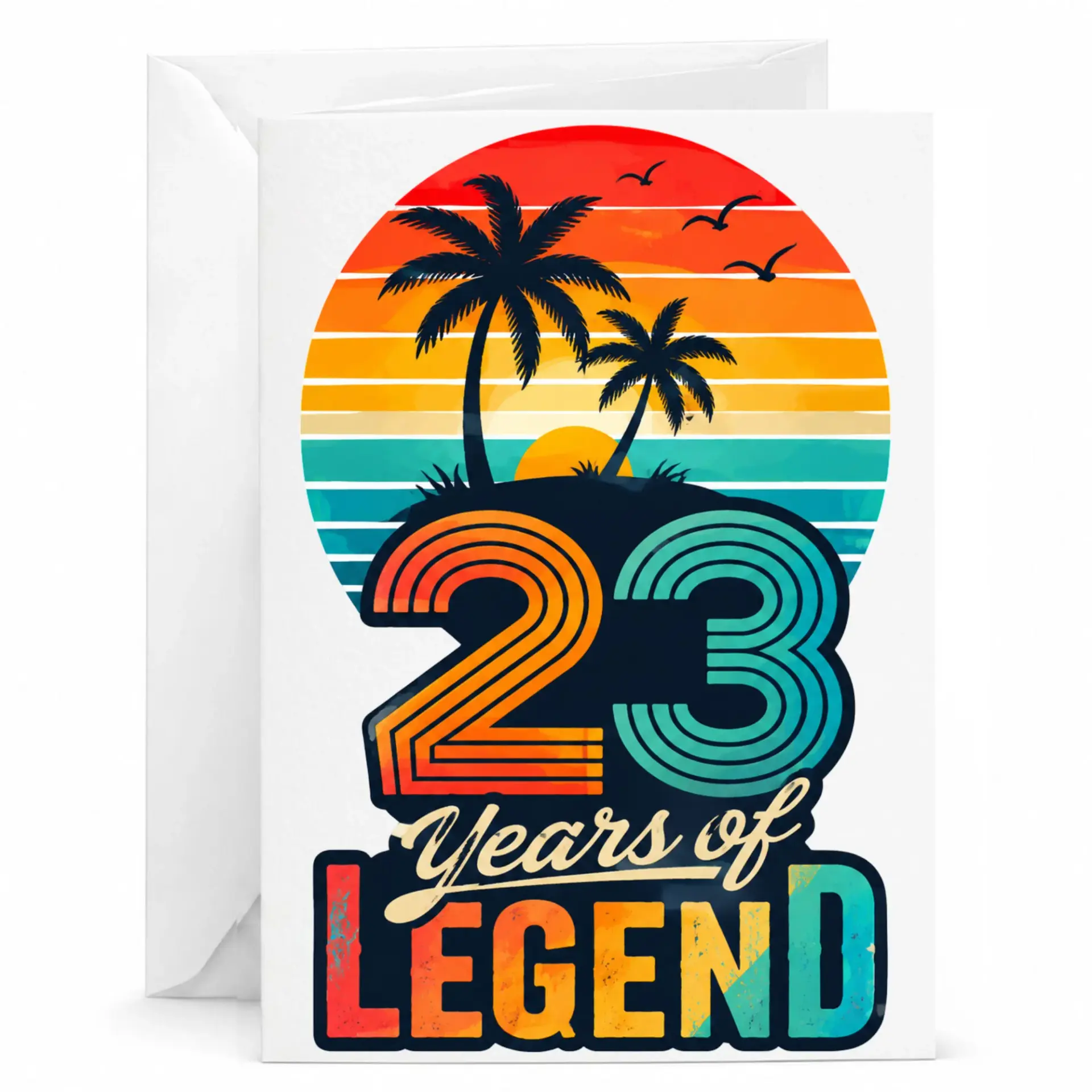 Birthday Card 23 Years of Legend Tropical Sunset Design Vintage Aesthetic Greeting Card for Milestone Celebration