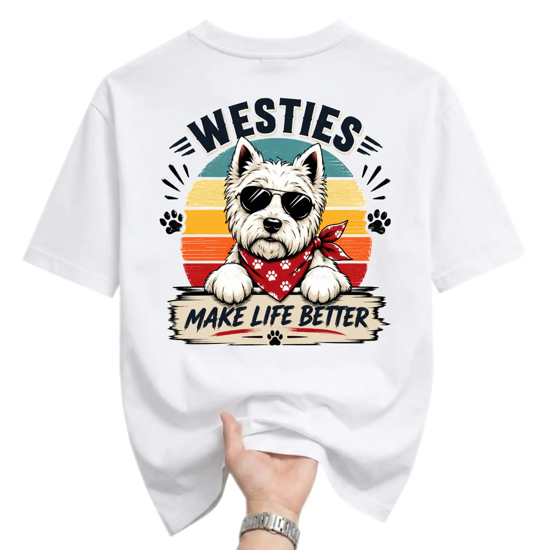 Graphic Tee Westies Make Life Better Shirt Vintage Sunset Retro Dog Lover Casual Unisex Crew Neck Cotton T-Shirt
