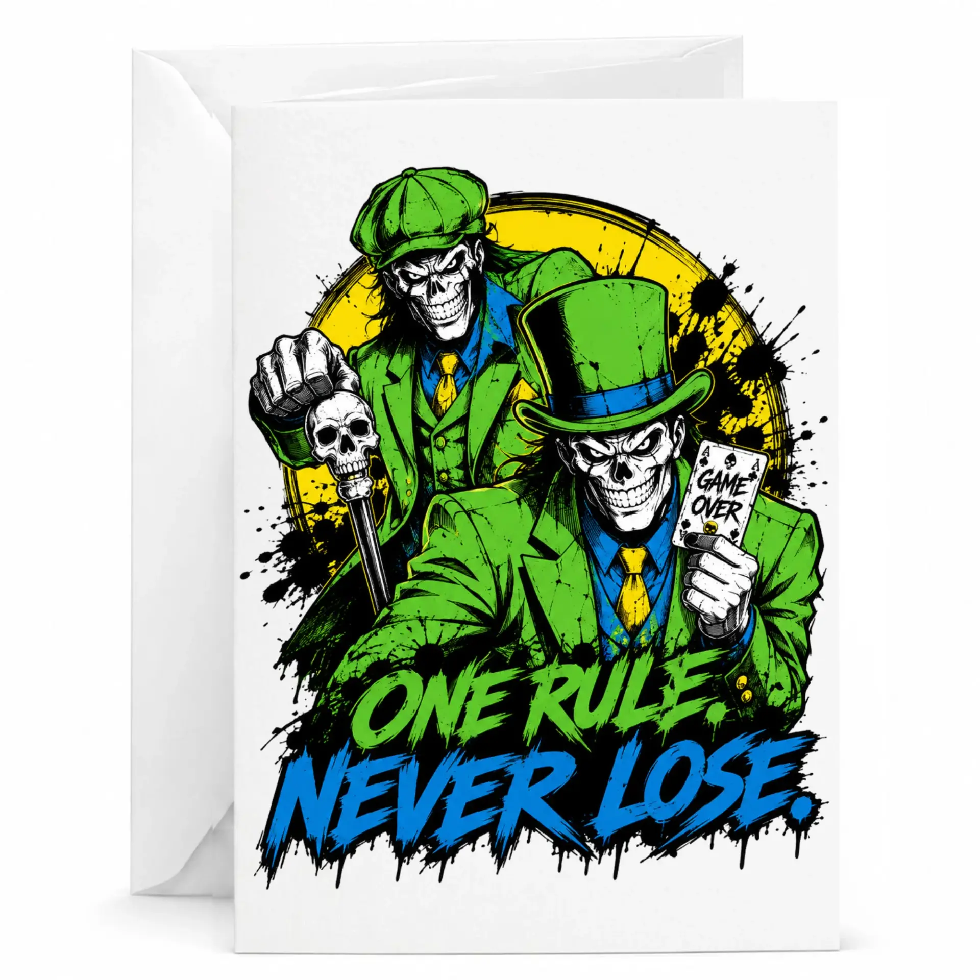 Funny Greeting Card Featuring Skull Gamblers with Game over Artwork