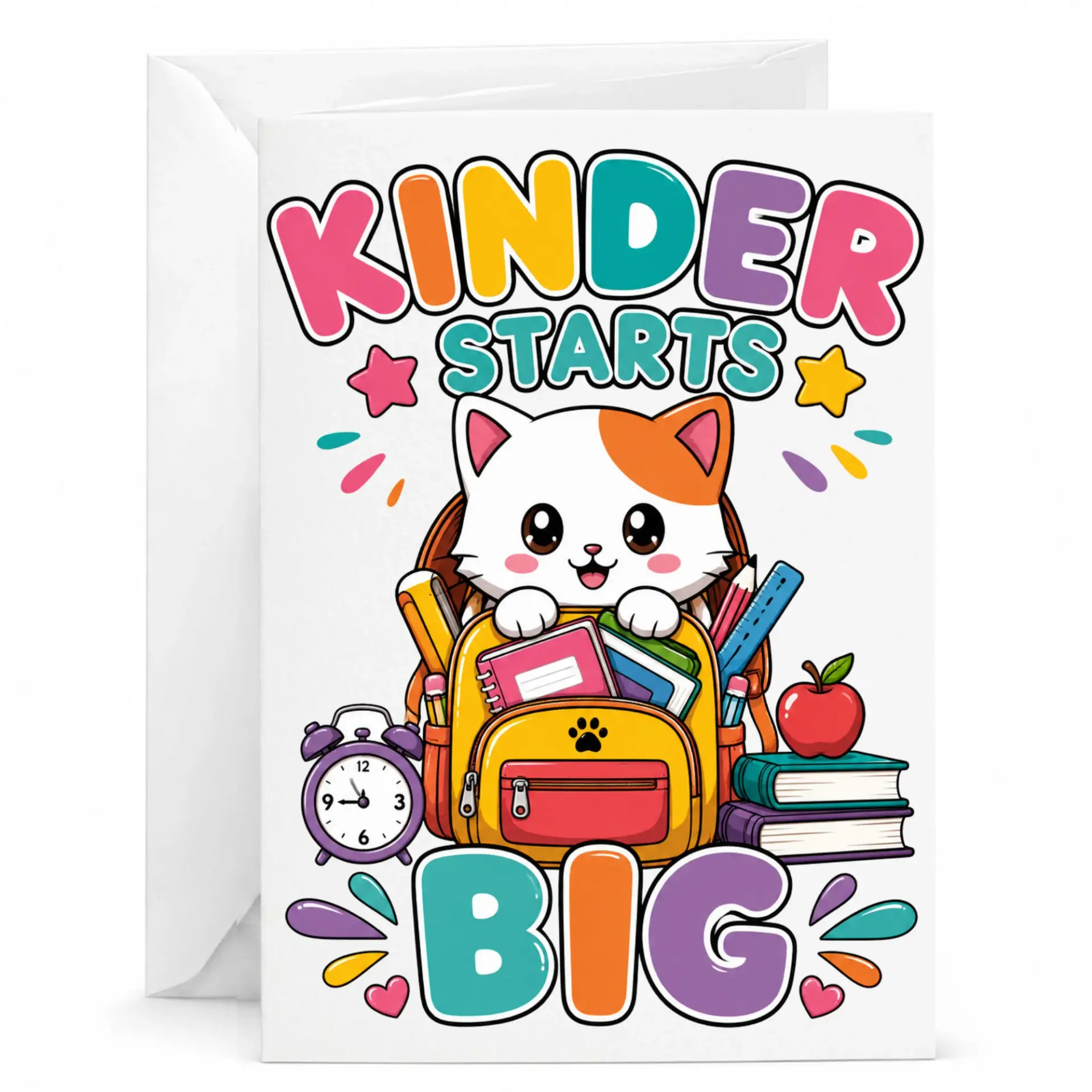 Funny Greeting Card Kinder Starts Big with Cute Cat Illustration and Art for Milestone Celebrations