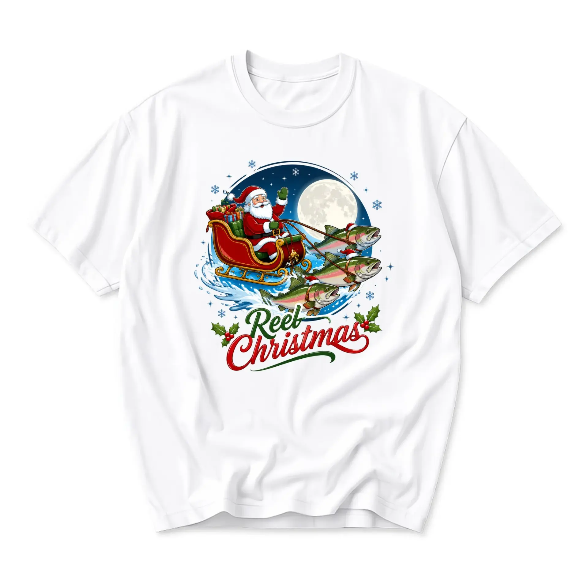 Funny Shirt Reel Christmas Fishing Santa Graphic Tee Holiday Season Unisex Crew Neck Casual Cotton Blend Apparel