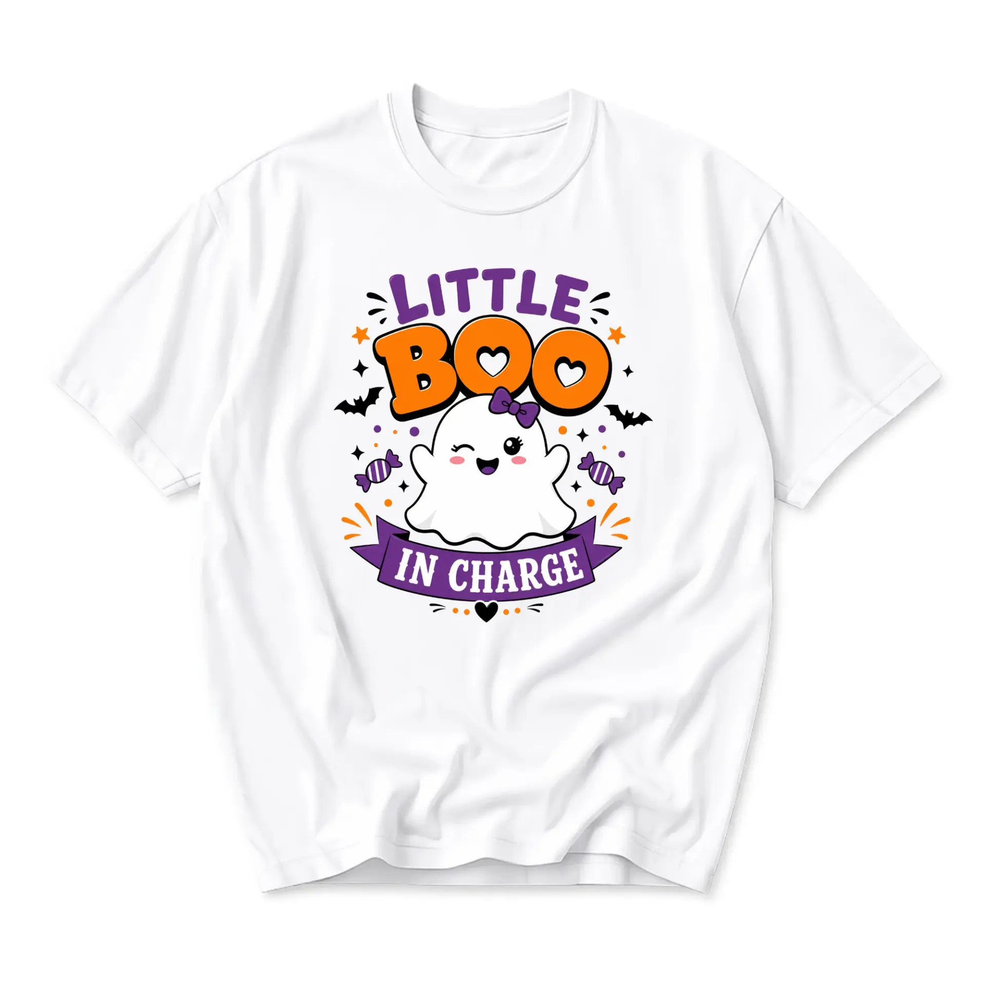 Funny Shirt Little Boo in Charge Graphic Tee Cute Ghost Illustration Unisex Crew Neck Soft Cotton Casual Halloween Top