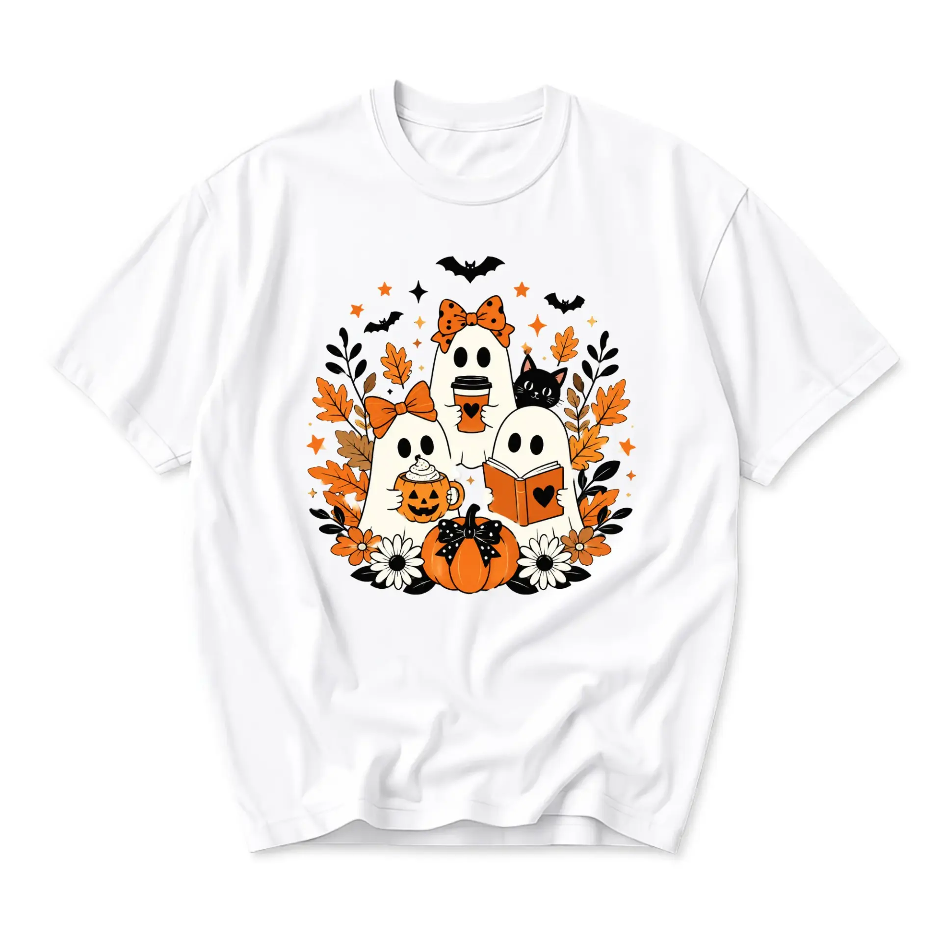 Graphic Tee Unisex Crew Neck T-Shirt Featuring Spooky Autumn Ghost Friends with Pumpkin and Black Cat Illustration