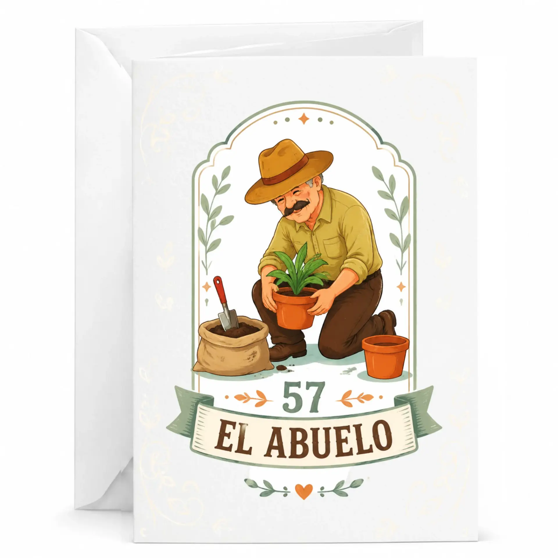 Greeting Card for Grandpa 57th Birthday with Gardener Illustration Featuring an Older Man Planting Flowers