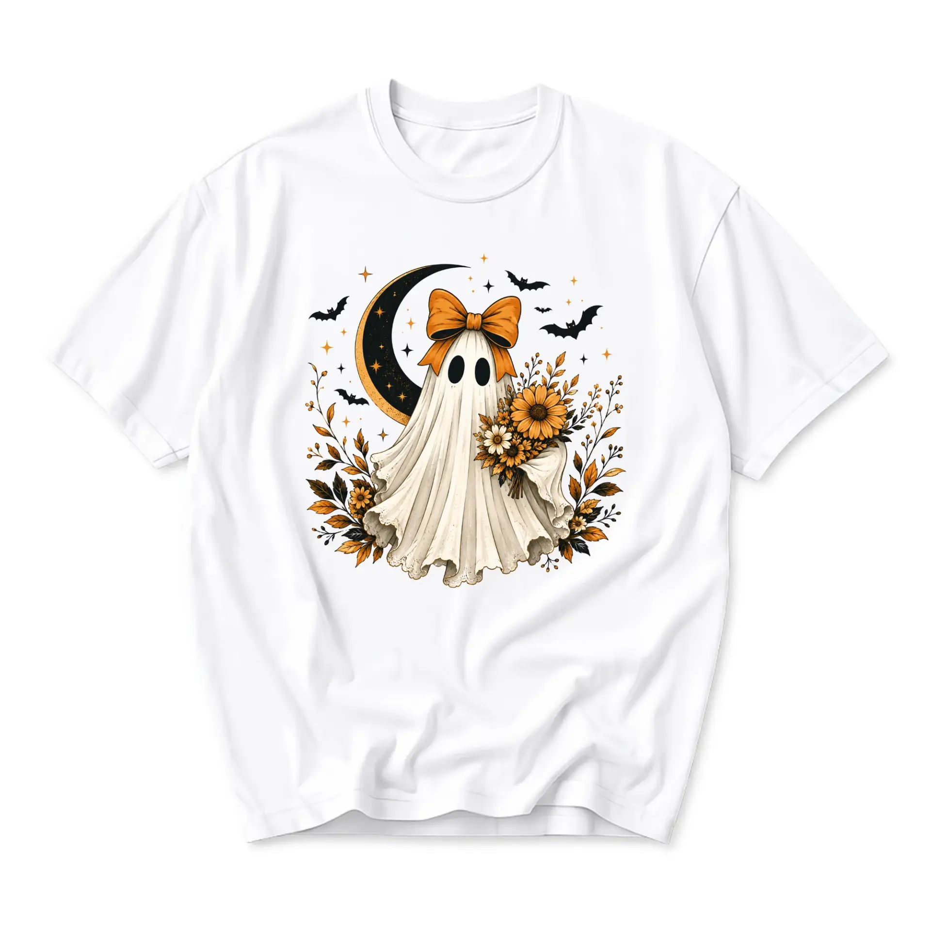 Graphic Tee Unisex Ghost with Sunflower Bouquet and Moon Print Casual Fall Aesthetic Crew Neck Short Sleeve Shirt