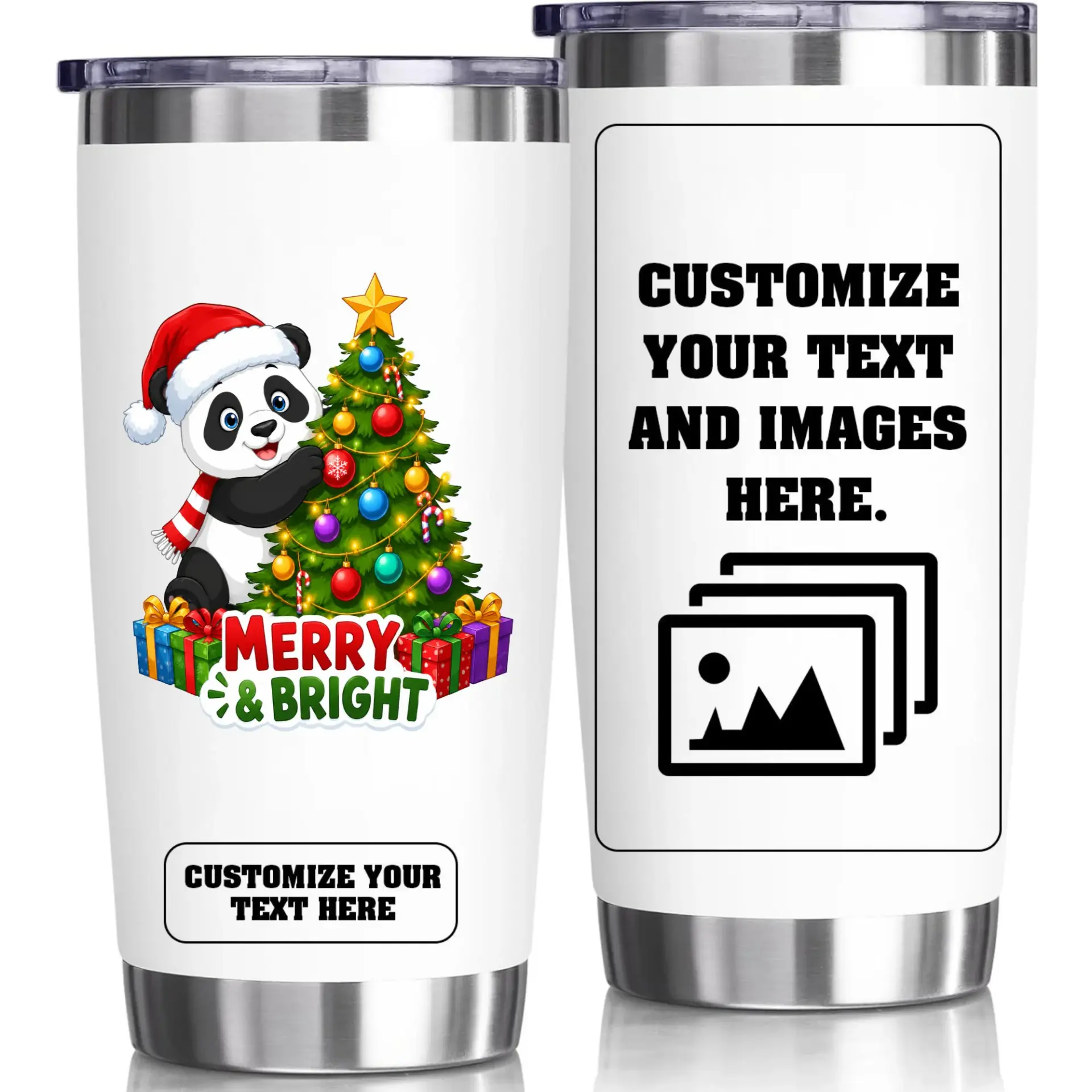 Stainless Steel Insulated Tumbler 20oz Personalized Holiday Panda Theme Travel Mug for Hot and Cold Beverages