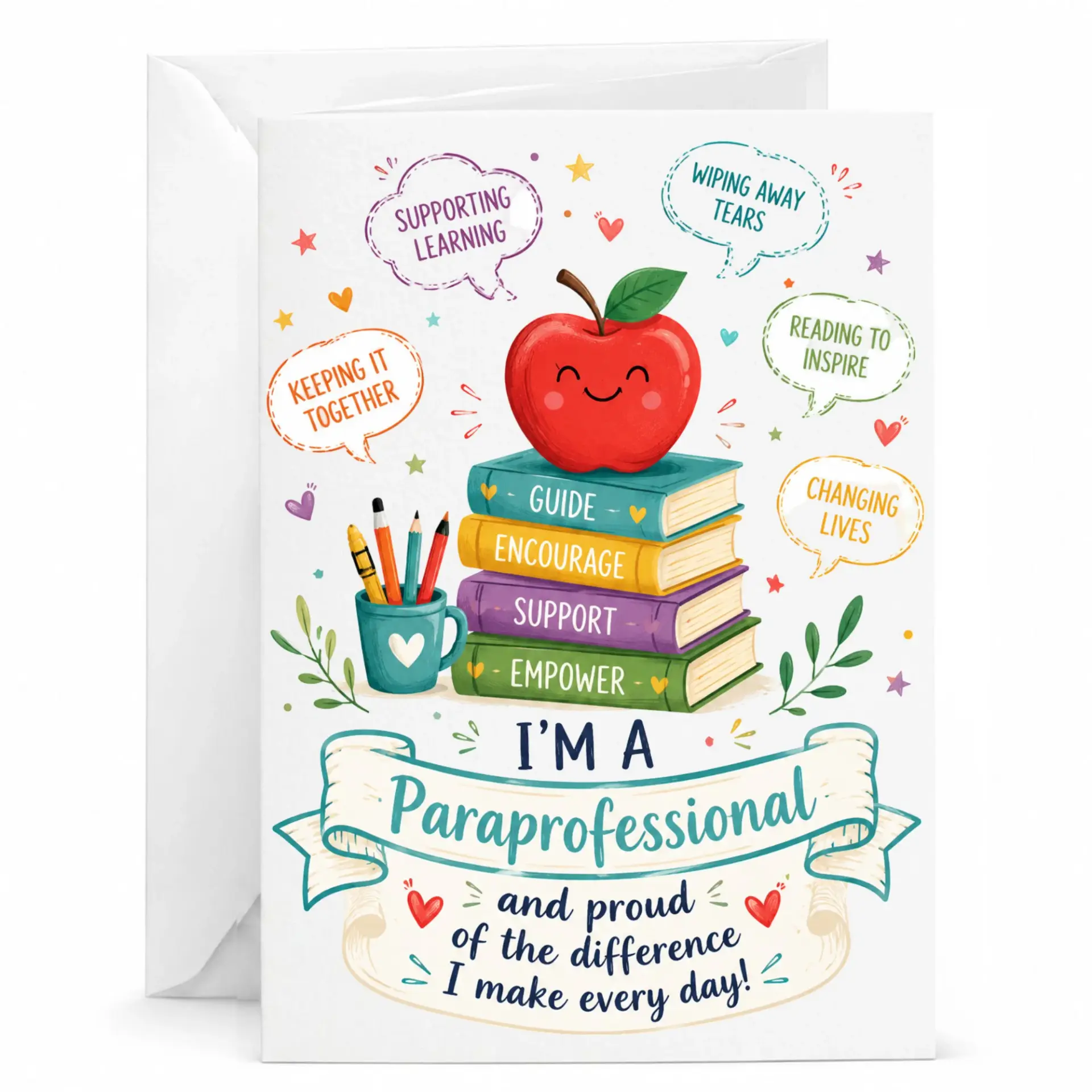 Greeting Card for Paraprofessional Appreciation Featuring Illustrated School Supplies and Heartfelt Teacher