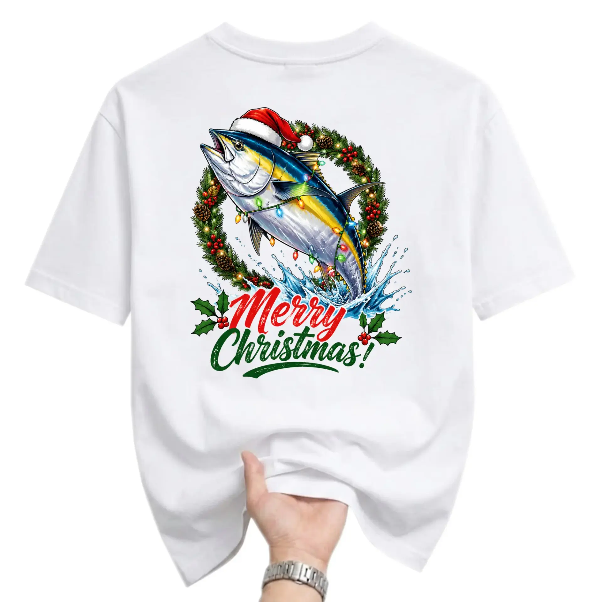 T-shirt Merry Christmas Fish Graphic Tee Holiday Season Apparel Unisex Crew Neck Short Sleeve Top White Shirt