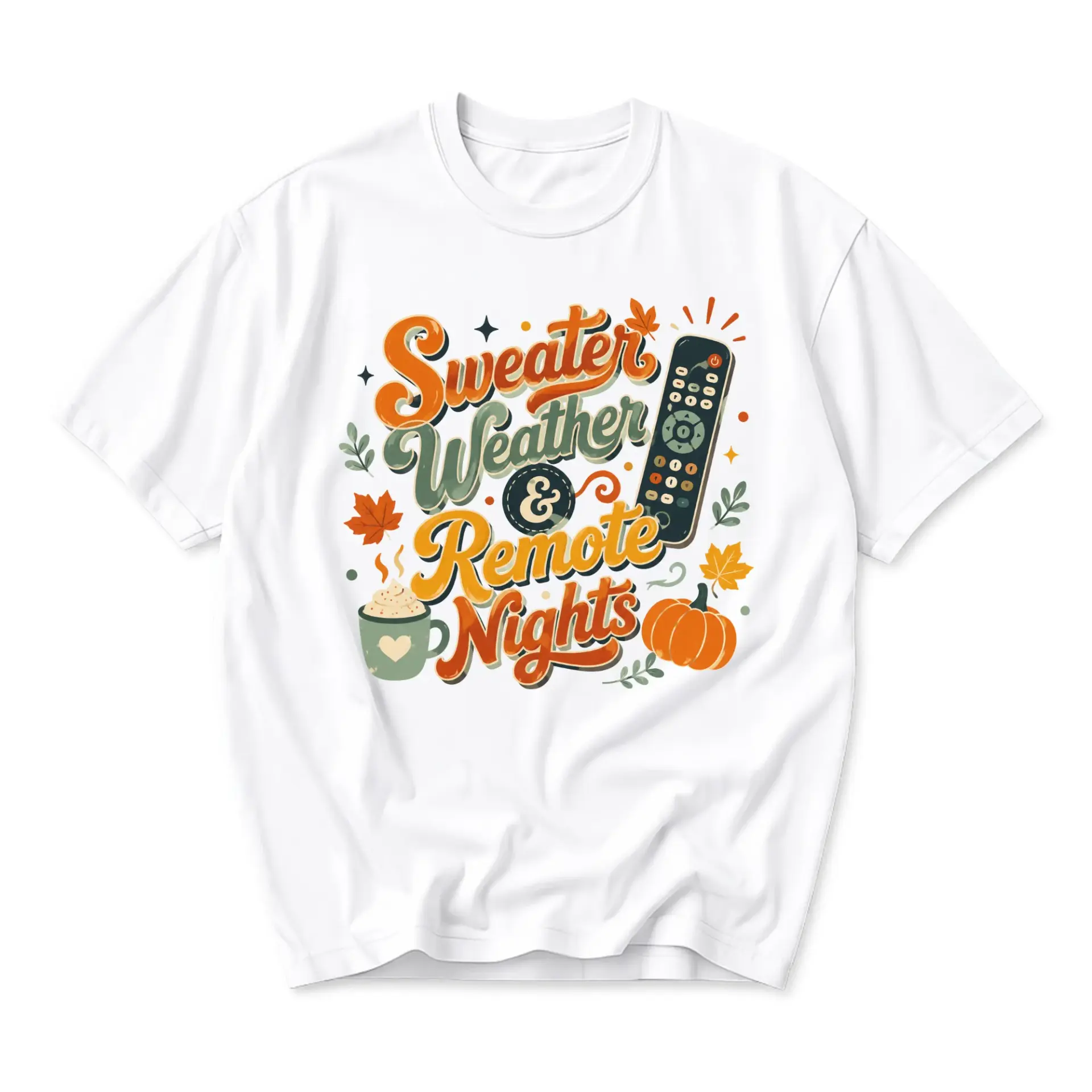 Graphic Tee Sweater Weather and Remote Nights Autumn Aesthetic Shirt Cozy Fall Season Printed Casual Crew Neck Top