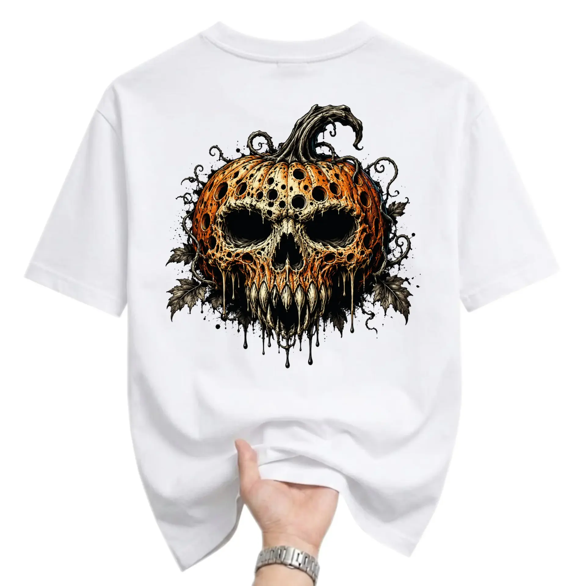 Graphic Tee Pumpkin Skull Design Unisex Casual Crew Neck T-Shirt Short Sleeve Cotton Blend Artistic Holiday Apparel